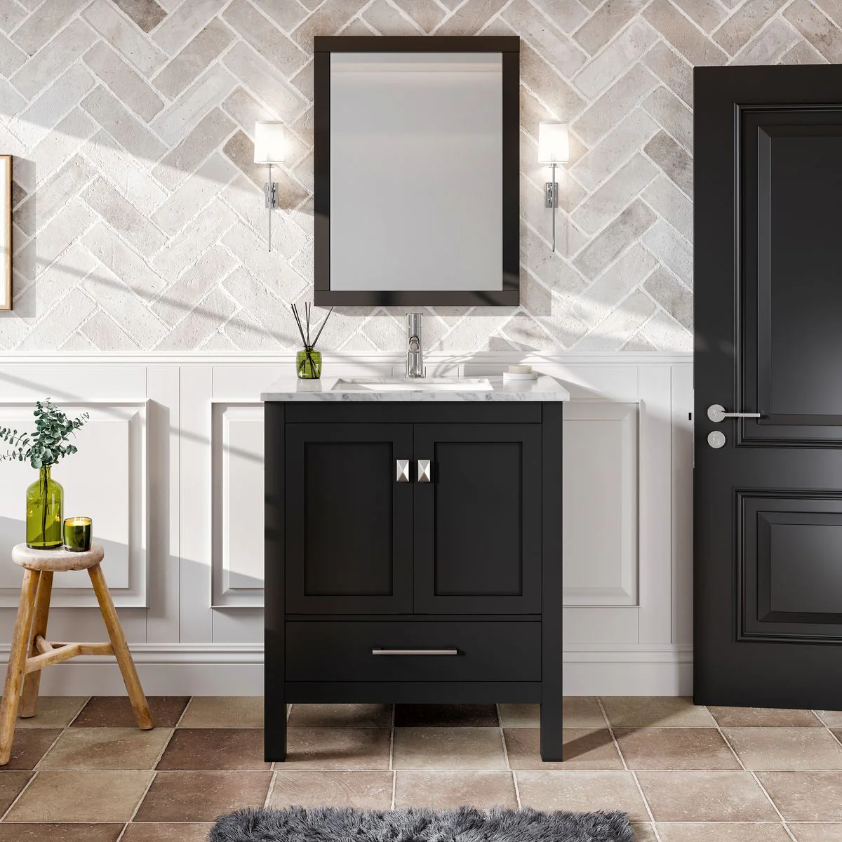 Eviva London 30" x 18" Transitional Bathroom Vanity with Crema Marfil Marble Countertop and Undermount Porcelain Sink