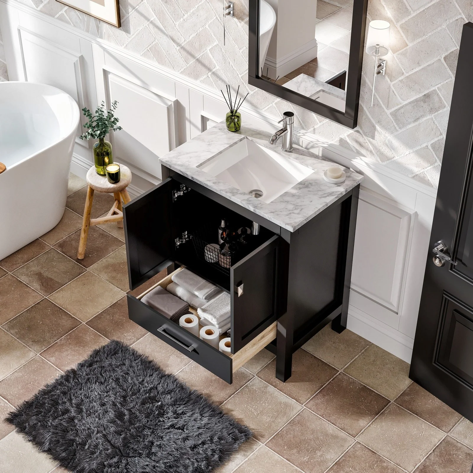 Eviva London 30" x 18" Transitional Bathroom Vanity with Crema Marfil Marble Countertop and Undermount Porcelain Sink - Image 6