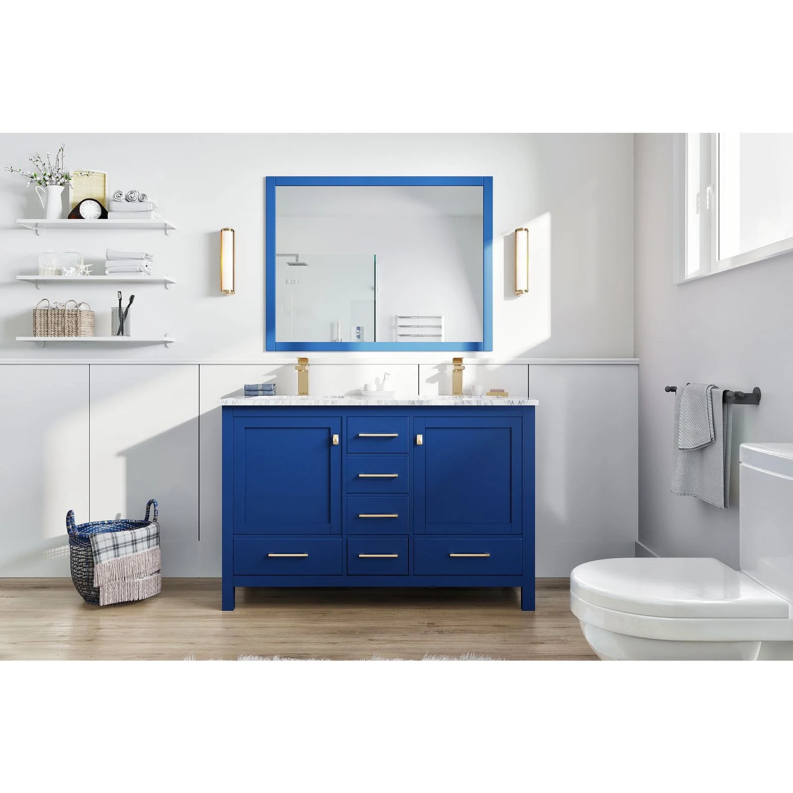 Eviva London 48 x 18" Transitional Double Sink Bathroom Vanity  in Blue Finish with White Carrara Marble Countertop and Gold Handles