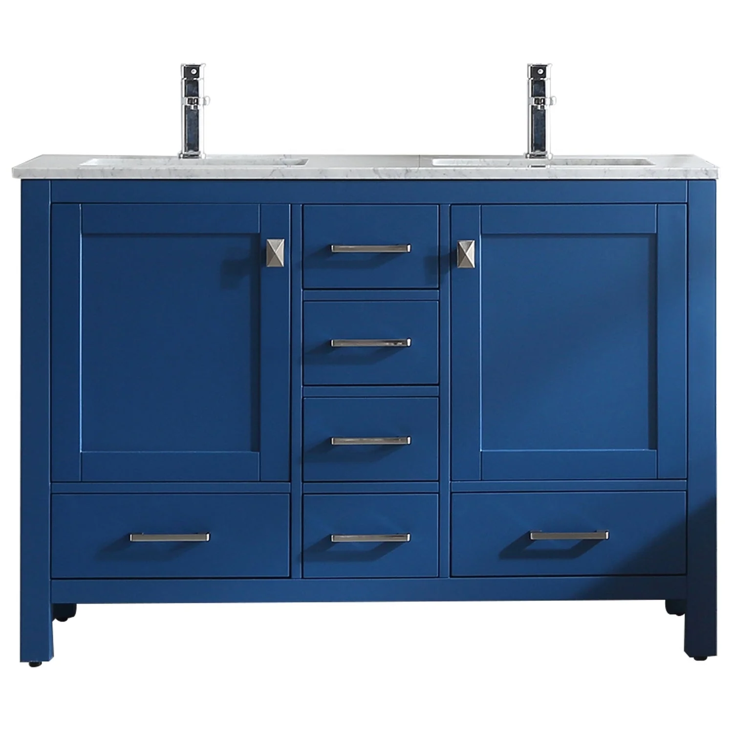 Eviva London 48 x 18" Transitional Double Sink Bathroom Vanity  in Blue Finish with White Carrara Marble Countertop and Gold Handles - Image 2