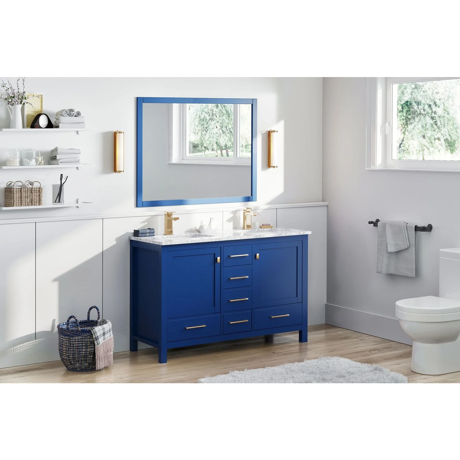 Eviva London 48 x 18" Transitional Double Sink Bathroom Vanity  in Blue Finish with White Carrara Marble Countertop and Gold Handles - Image 3