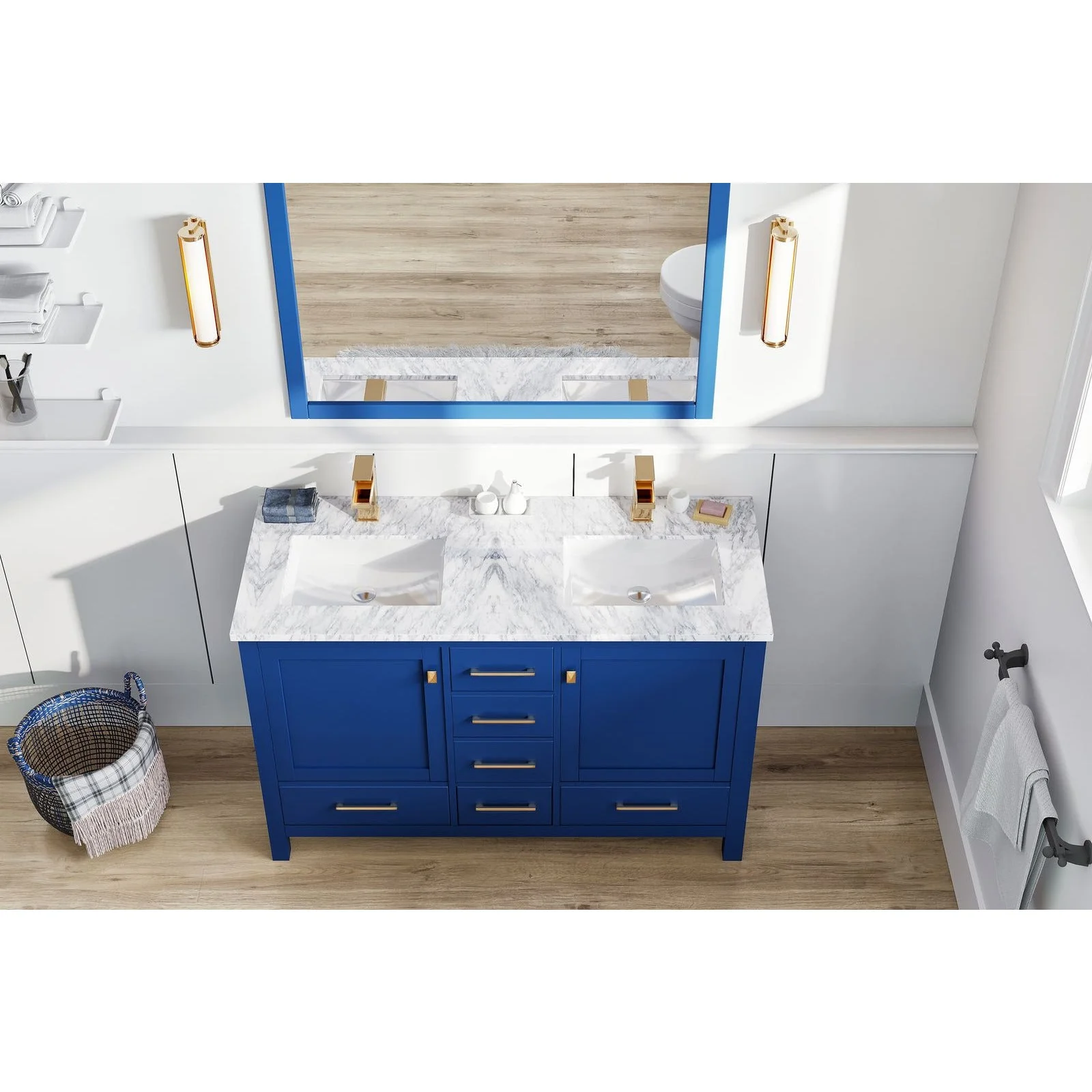 Eviva London 48 x 18" Transitional Double Sink Bathroom Vanity  in Blue Finish with White Carrara Marble Countertop and Gold Handles - Image 4