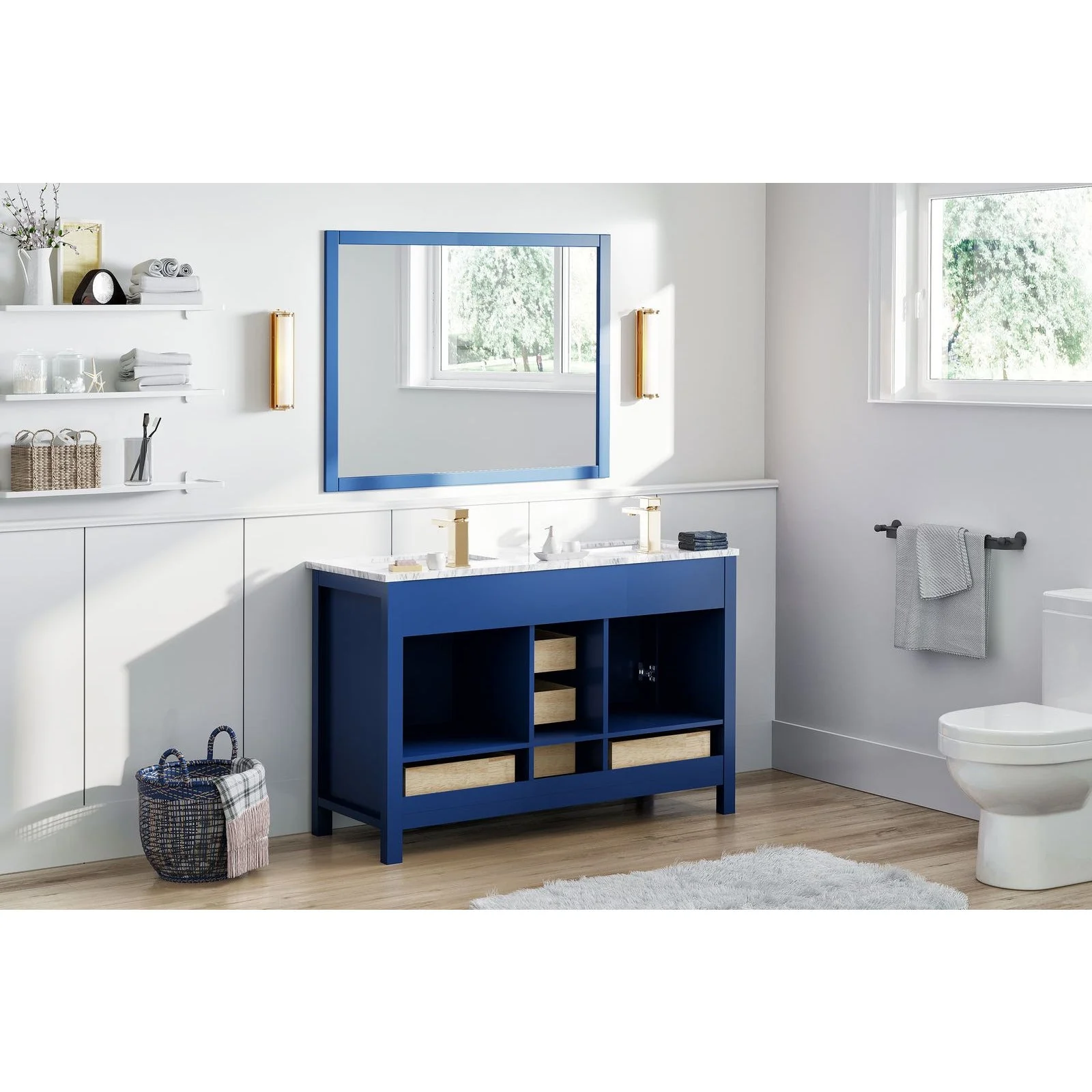 Eviva London 48 x 18" Transitional Double Sink Bathroom Vanity  in Blue Finish with White Carrara Marble Countertop and Gold Handles - Image 5