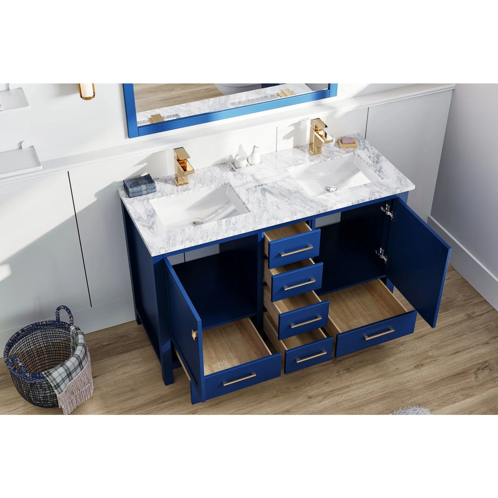 Eviva London 48 x 18" Transitional Double Sink Bathroom Vanity  in Blue Finish with White Carrara Marble Countertop and Gold Handles - Image 6