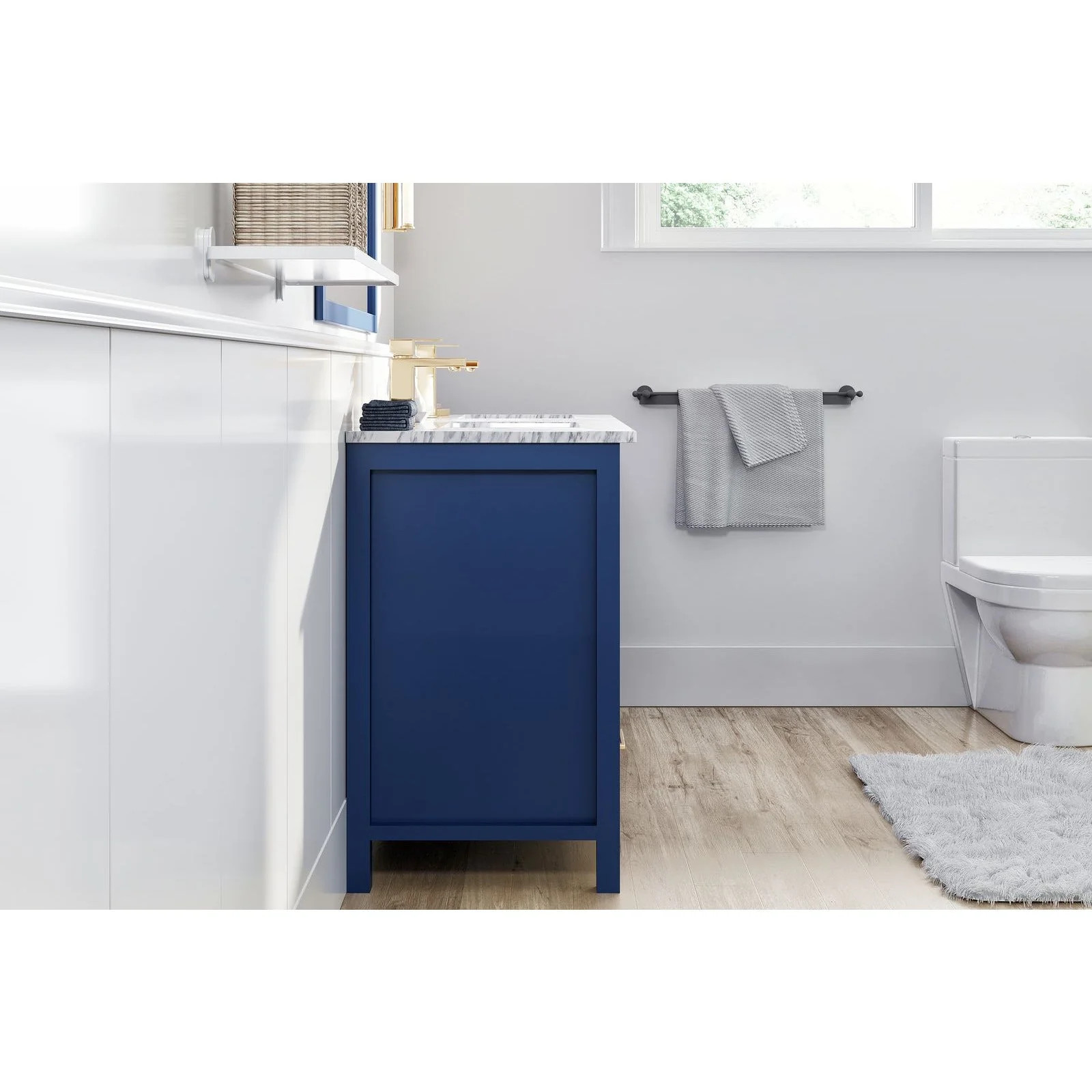 Eviva London 48 x 18" Transitional Double Sink Bathroom Vanity  in Blue Finish with White Carrara Marble Countertop and Gold Handles - Image 7