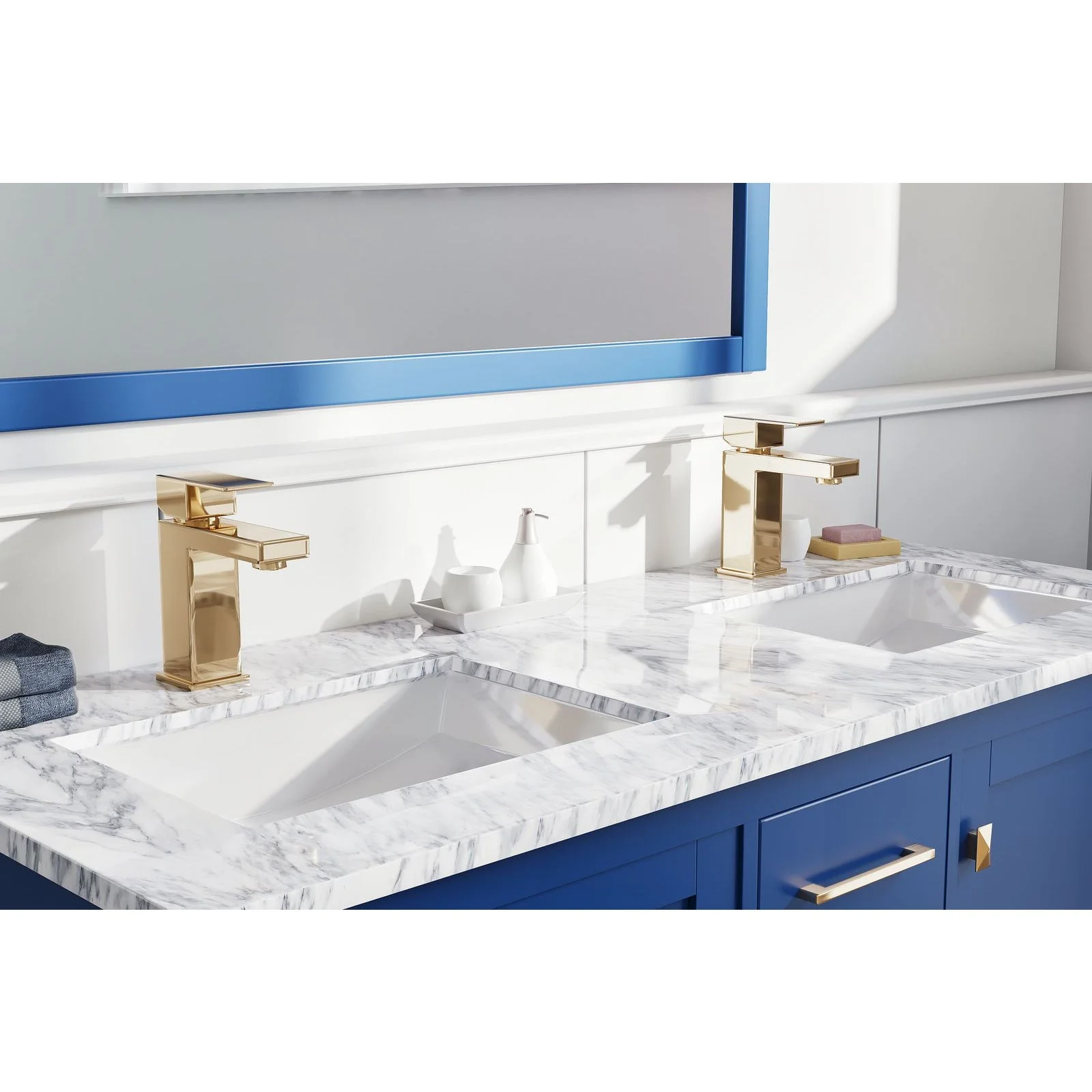 Eviva London 48 x 18" Transitional Double Sink Bathroom Vanity  in Blue Finish with White Carrara Marble Countertop and Gold Handles - Image 8