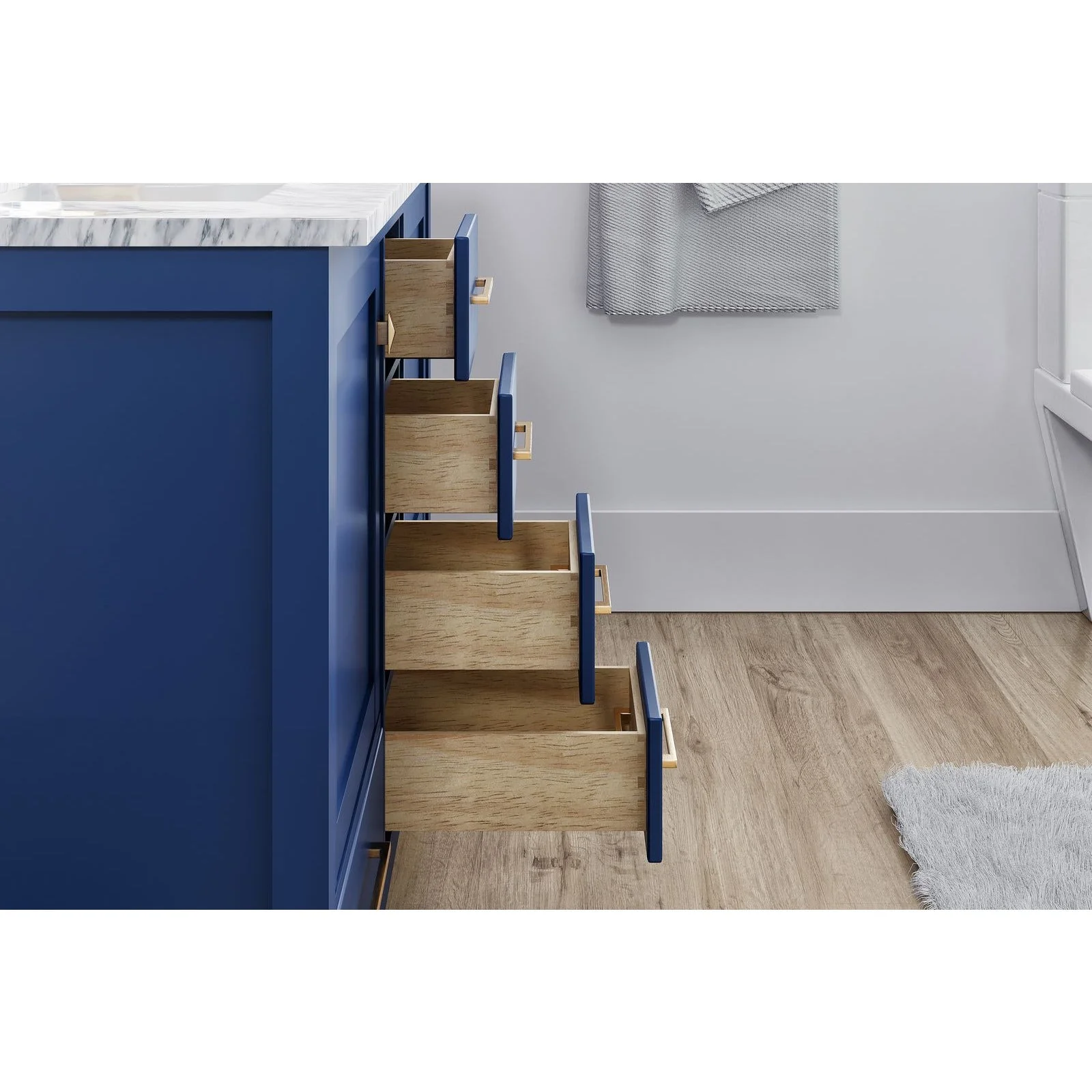 Eviva London 48 x 18" Transitional Double Sink Bathroom Vanity  in Blue Finish with White Carrara Marble Countertop and Gold Handles - Image 9