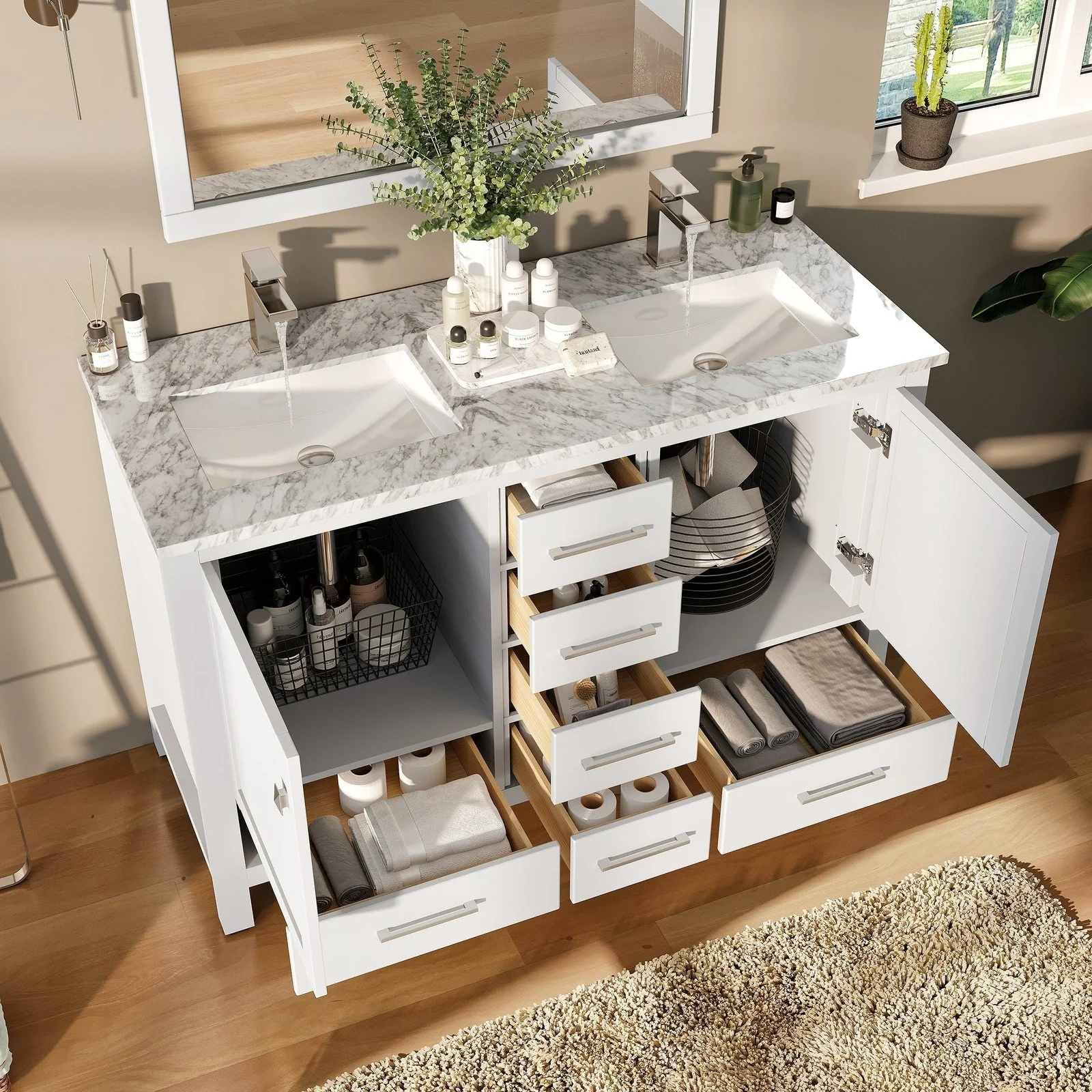 Eviva London 48" x 18" Transitional Double Sink Bathroom Vanity with White Carrara Marble Countertop and Undermount Porcelain Sink - Image 28