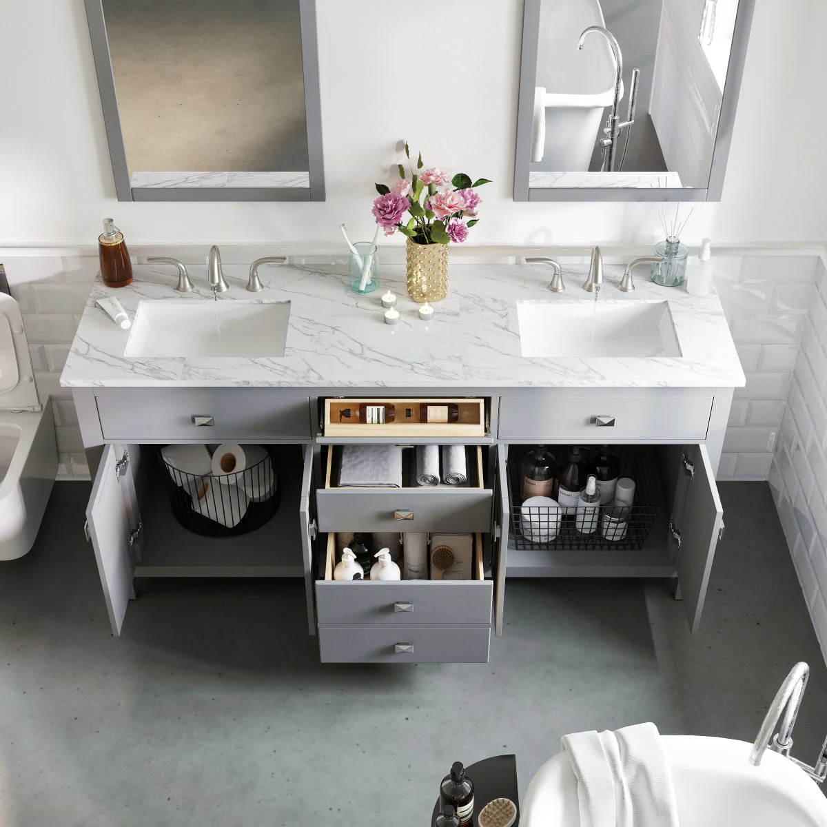 Eviva Totti Artemis 60" Transitional Double Sink Bathroom Vanity with White Carrara Style Man-Made Stone Countertop and Undermount Porcelain Sinks - Image 16