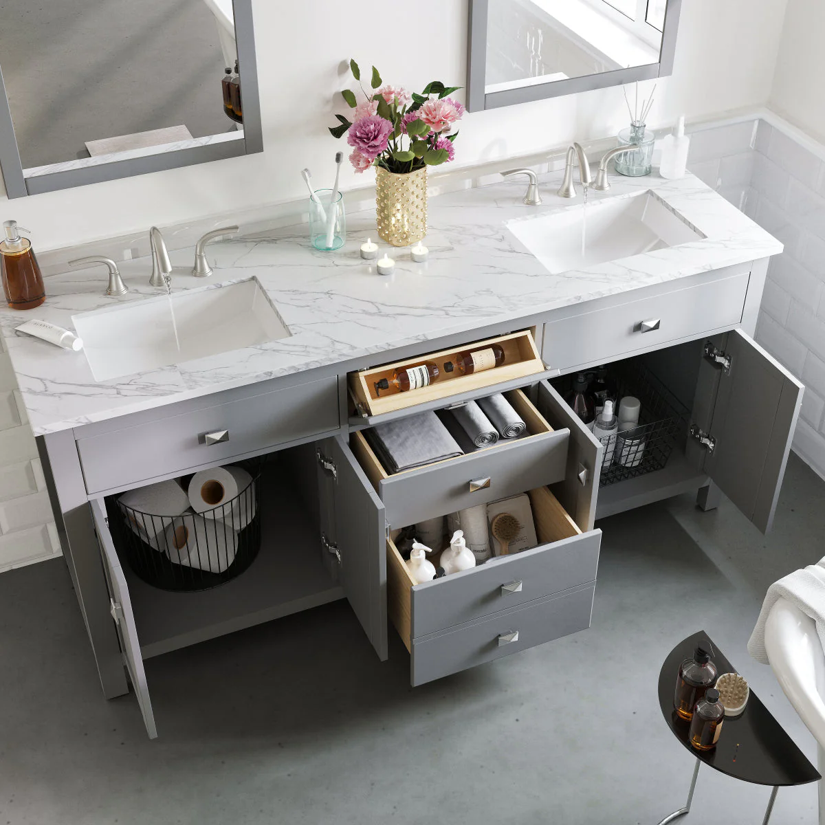 Eviva Totti Artemis 60" Transitional Double Sink Bathroom Vanity with White Carrara Style Man-Made Stone Countertop and Undermount Porcelain Sinks - Image 17