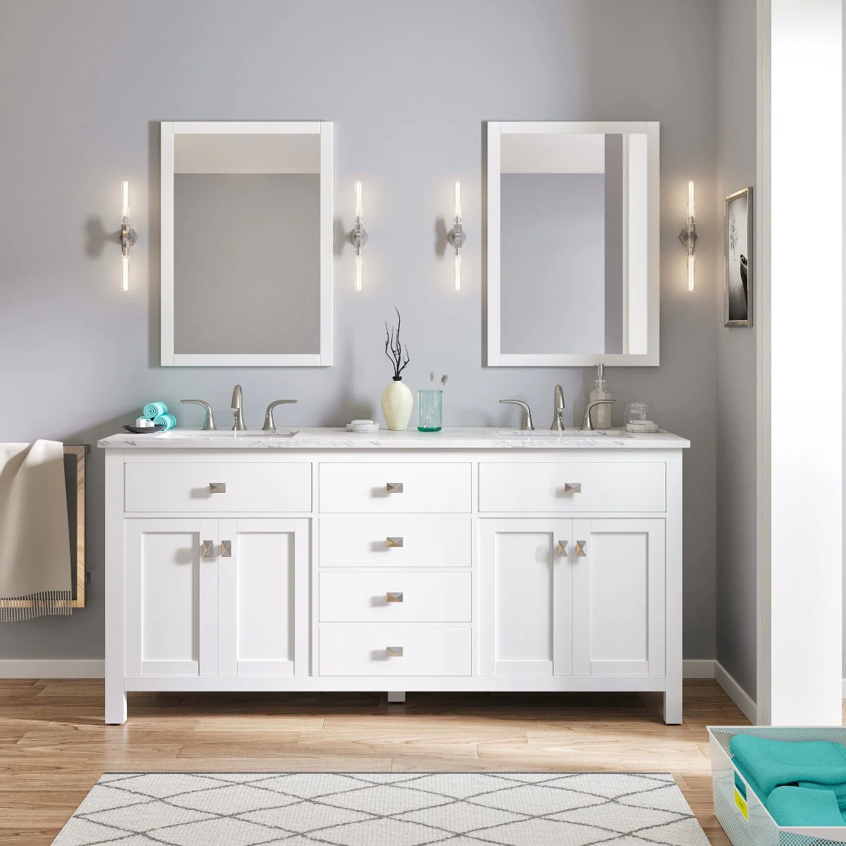 Eviva Totti Artemis 60" Transitional Double Sink Bathroom Vanity with White Carrara Style Man-Made Stone Countertop and Undermount Porcelain Sinks - Image 2