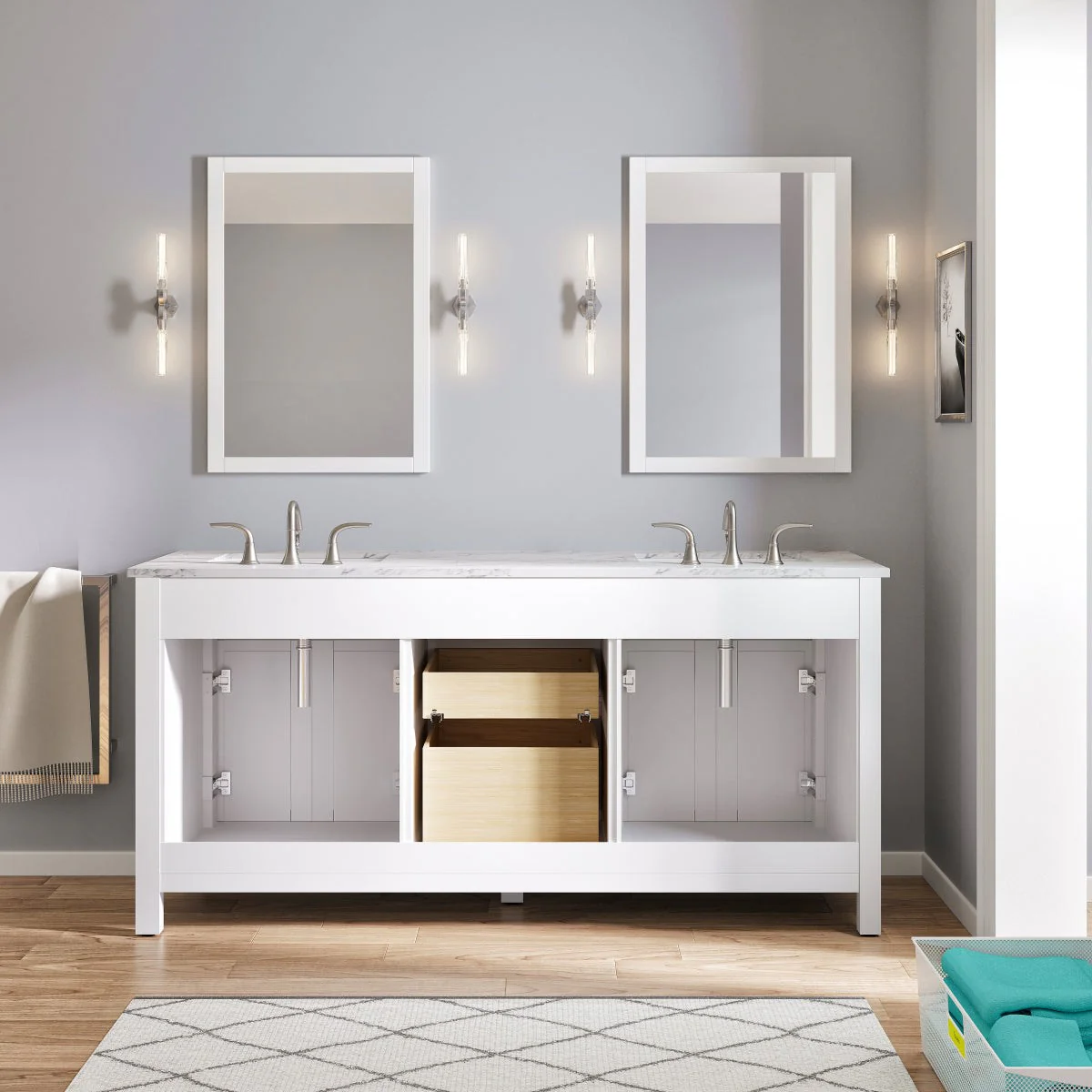 Eviva Totti Artemis 60" Transitional Double Sink Bathroom Vanity with White Carrara Style Man-Made Stone Countertop and Undermount Porcelain Sinks - Image 4