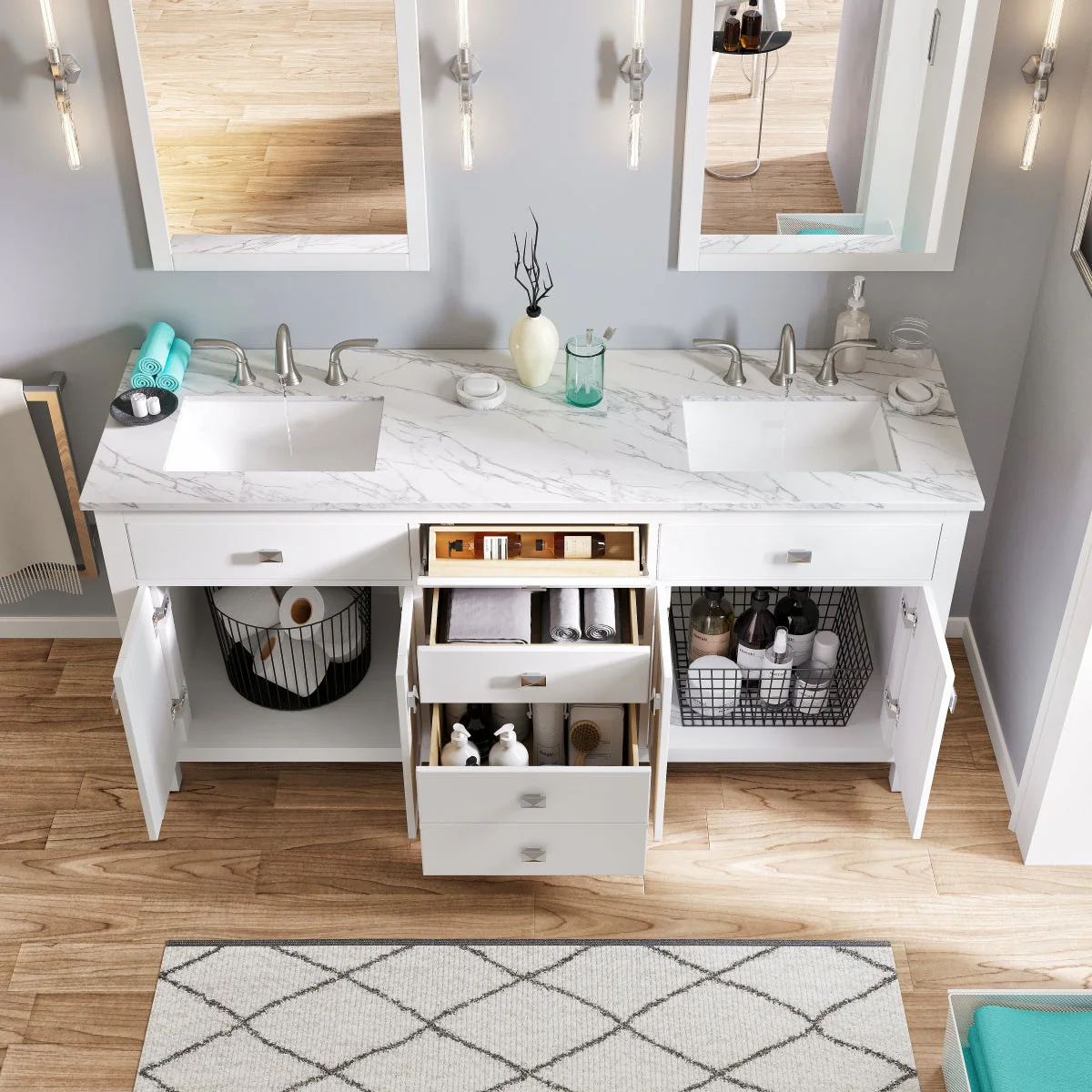 Eviva Totti Artemis 60" Transitional Double Sink Bathroom Vanity with White Carrara Style Man-Made Stone Countertop and Undermount Porcelain Sinks - Image 5