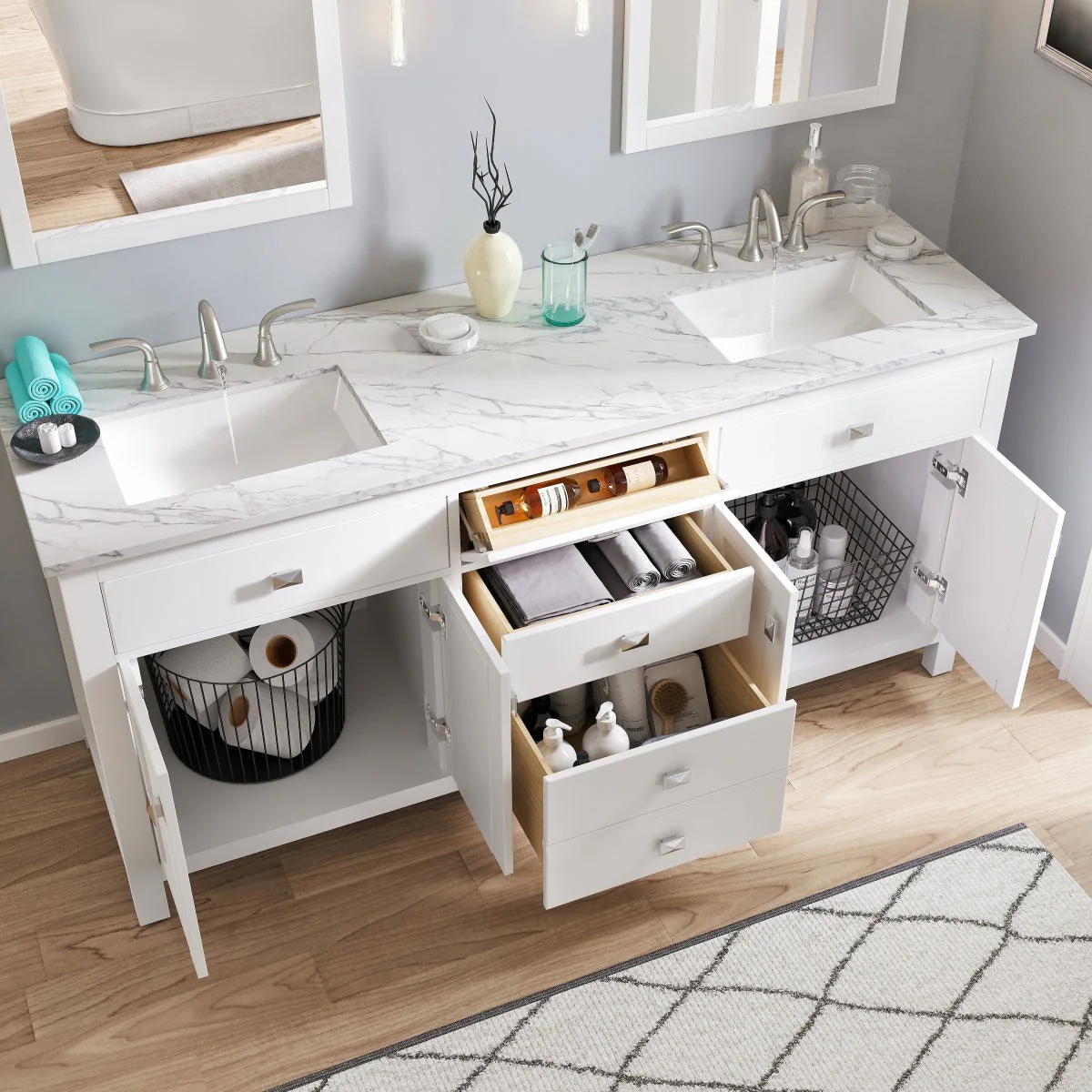 Eviva Totti Artemis 60" Transitional Double Sink Bathroom Vanity with White Carrara Style Man-Made Stone Countertop and Undermount Porcelain Sinks - Image 6