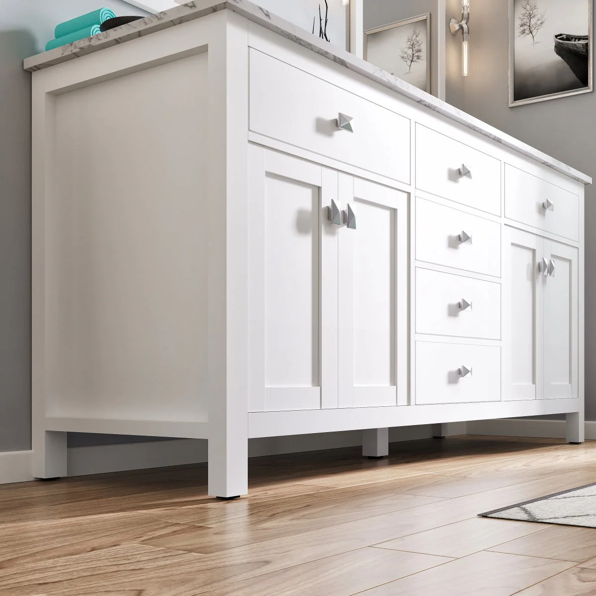 Eviva Totti Artemis 60" Transitional Double Sink Bathroom Vanity with White Carrara Style Man-Made Stone Countertop and Undermount Porcelain Sinks - Image 8
