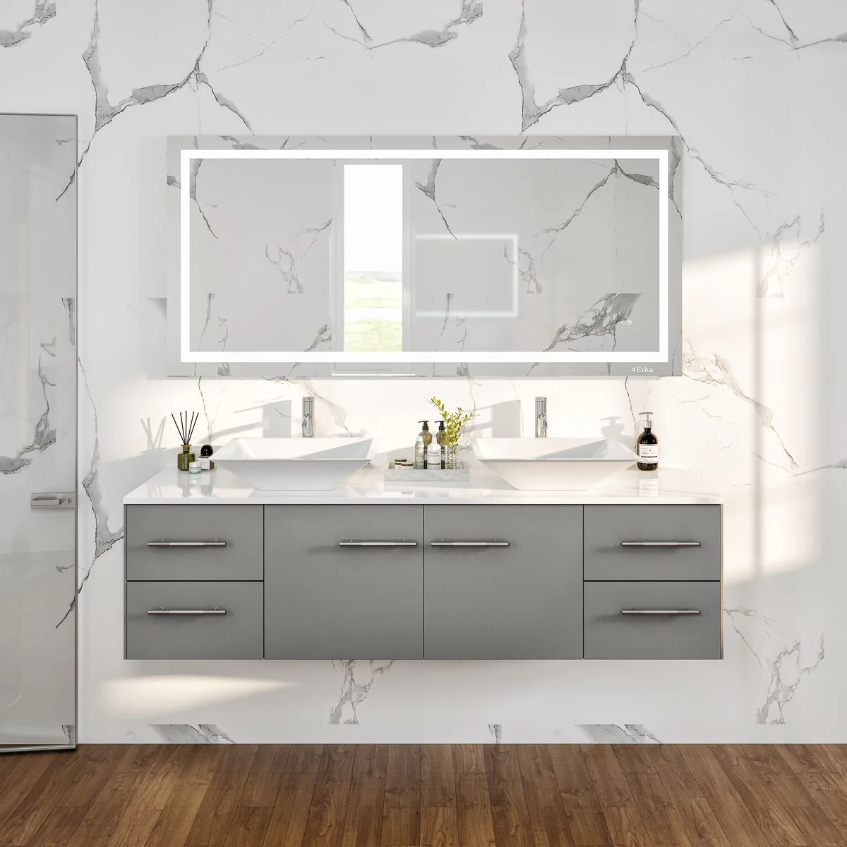 Eviva Totti Wave 60" Modern Double Sink Bathroom Vanity with Super White Man-Made Stone Countertop & Porcelain Vessel Sinks - Image 10
