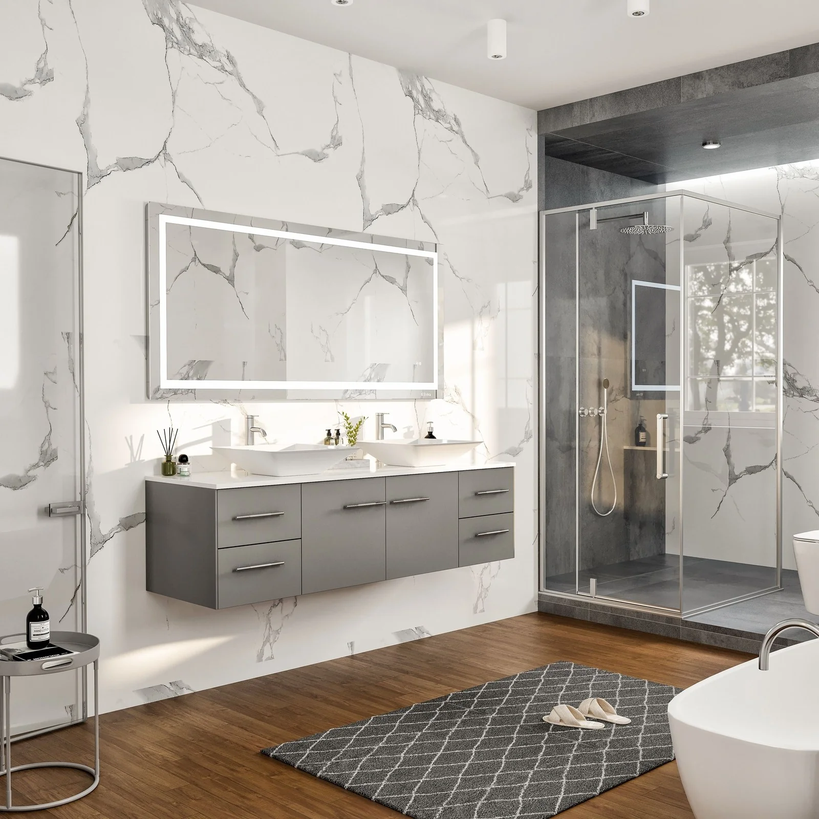 Eviva Totti Wave 60" Modern Double Sink Bathroom Vanity with Super White Man-Made Stone Countertop & Porcelain Vessel Sinks - Image 11