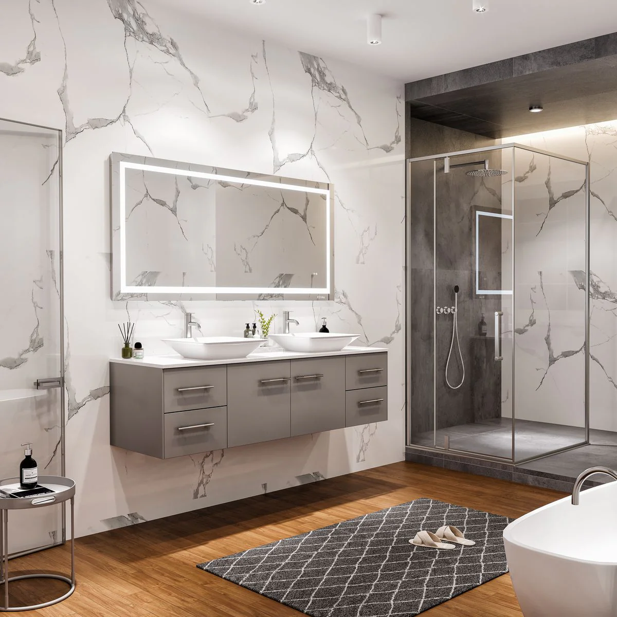 Eviva Totti Wave 60" Modern Double Sink Bathroom Vanity with Super White Man-Made Stone Countertop & Porcelain Vessel Sinks - Image 12