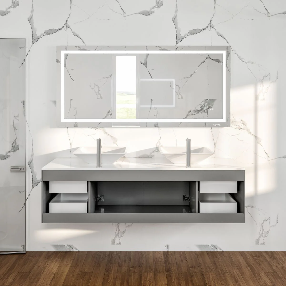 Eviva Totti Wave 60" Modern Double Sink Bathroom Vanity with Super White Man-Made Stone Countertop & Porcelain Vessel Sinks - Image 13