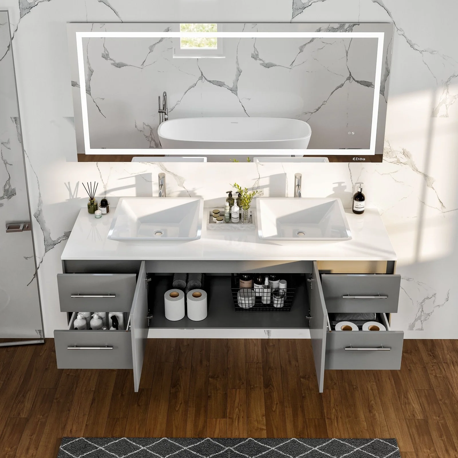 Eviva Totti Wave 60" Modern Double Sink Bathroom Vanity with Super White Man-Made Stone Countertop & Porcelain Vessel Sinks - Image 14