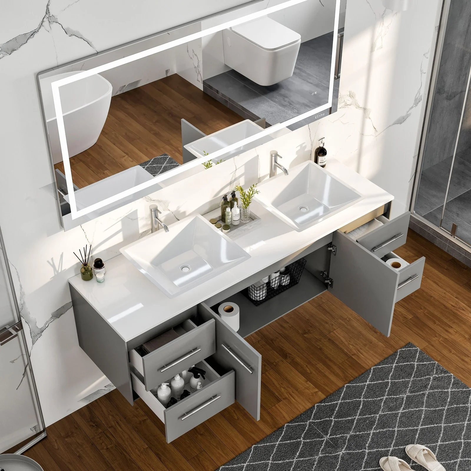 Eviva Totti Wave 60" Modern Double Sink Bathroom Vanity with Super White Man-Made Stone Countertop & Porcelain Vessel Sinks - Image 15