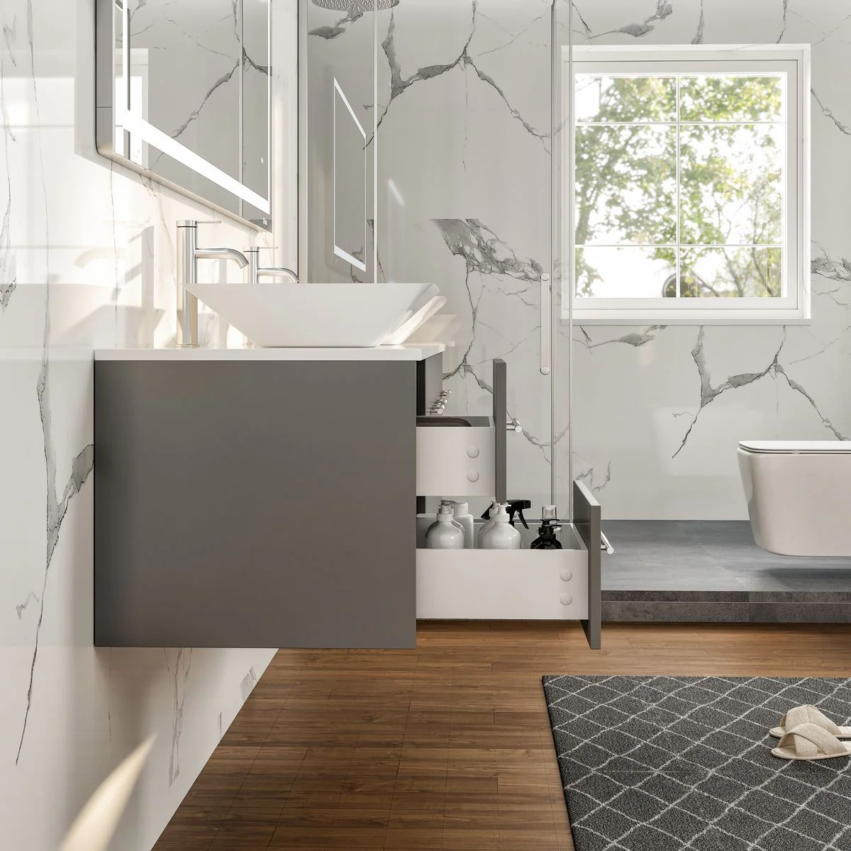 Eviva Totti Wave 60" Modern Double Sink Bathroom Vanity with Super White Man-Made Stone Countertop & Porcelain Vessel Sinks - Image 16