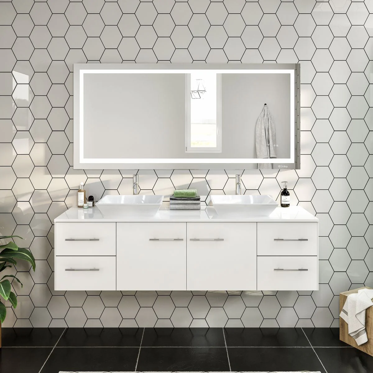 Eviva Totti Wave 60" Modern Double Sink Bathroom Vanity with Super White Man-Made Stone Countertop & Porcelain Vessel Sinks - Image 18