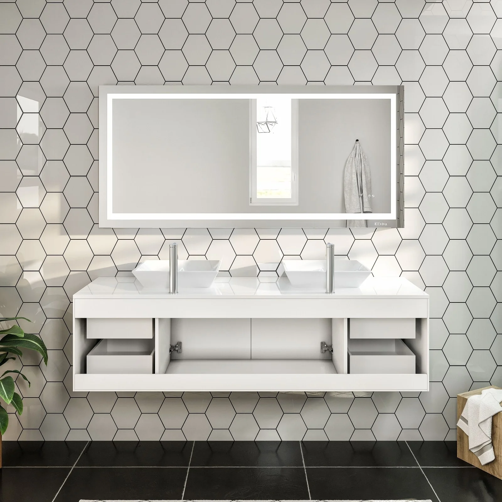 Eviva Totti Wave 60" Modern Double Sink Bathroom Vanity with Super White Man-Made Stone Countertop & Porcelain Vessel Sinks - Image 19