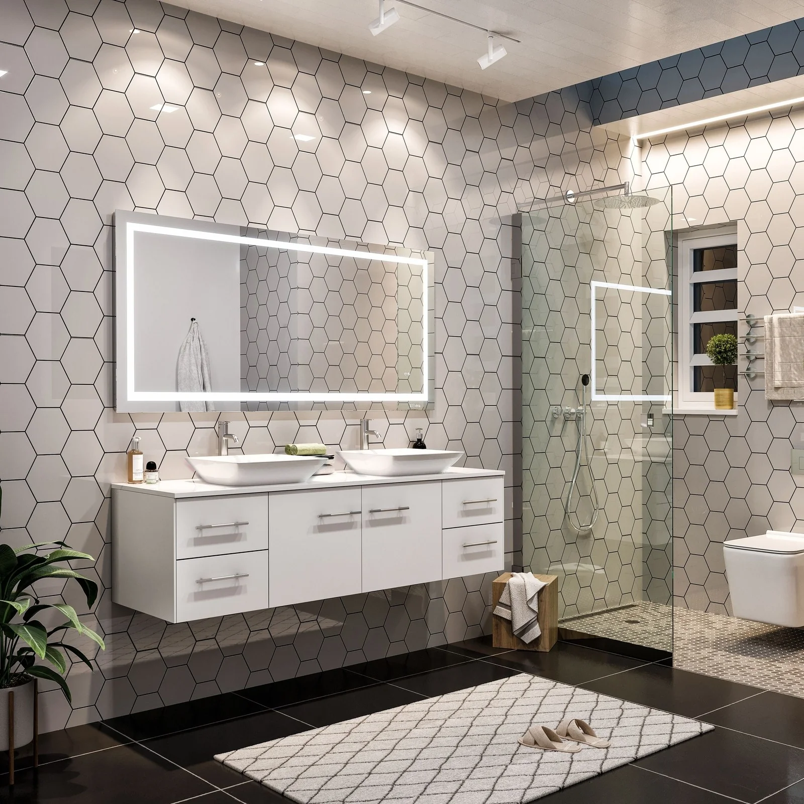 Eviva Totti Wave 60" Modern Double Sink Bathroom Vanity with Super White Man-Made Stone Countertop & Porcelain Vessel Sinks - Image 20