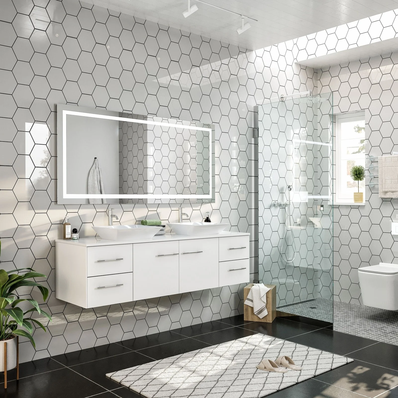 Eviva Totti Wave 60" Modern Double Sink Bathroom Vanity with Super White Man-Made Stone Countertop & Porcelain Vessel Sinks - Image 22