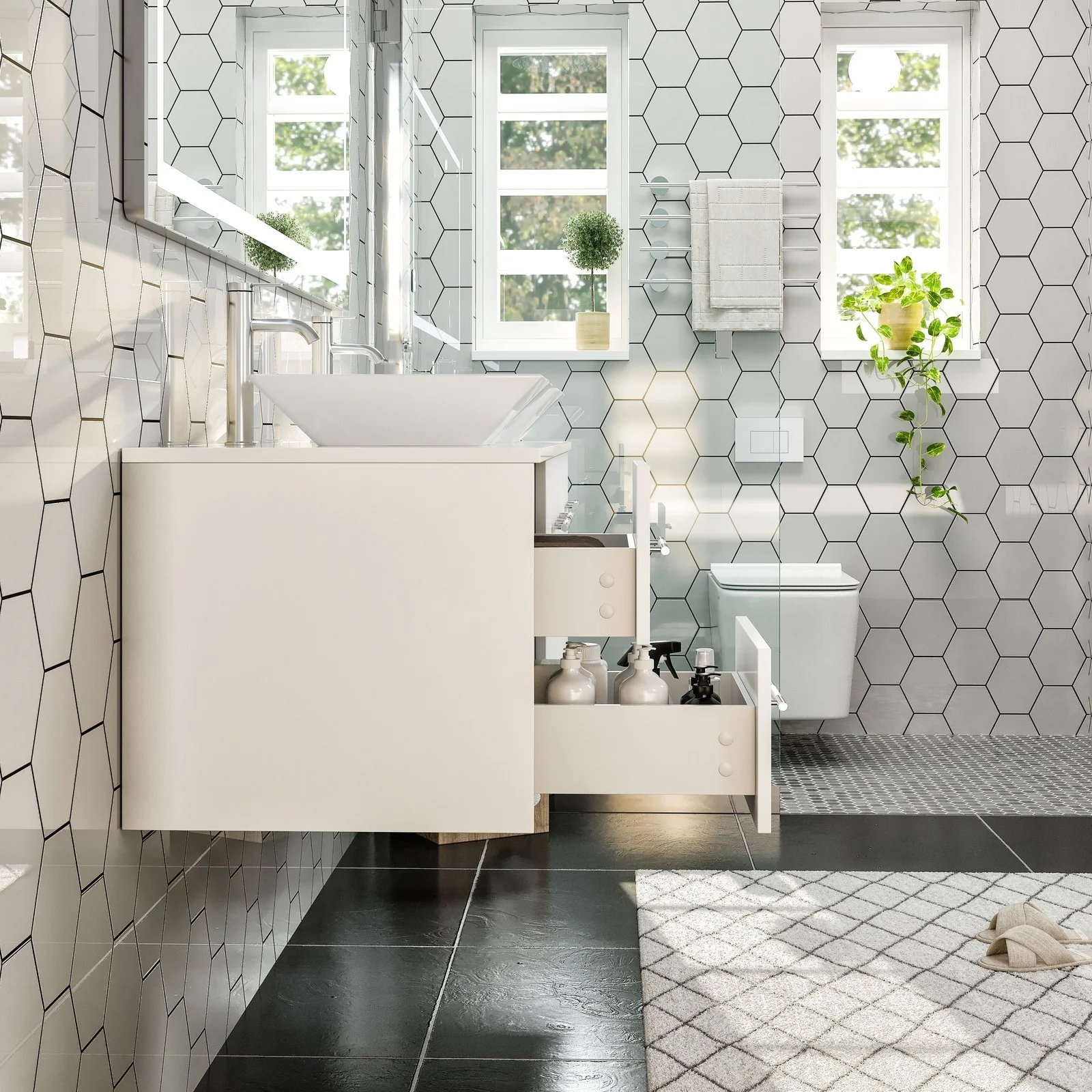 Eviva Totti Wave 60" Modern Double Sink Bathroom Vanity with Super White Man-Made Stone Countertop & Porcelain Vessel Sinks - Image 23