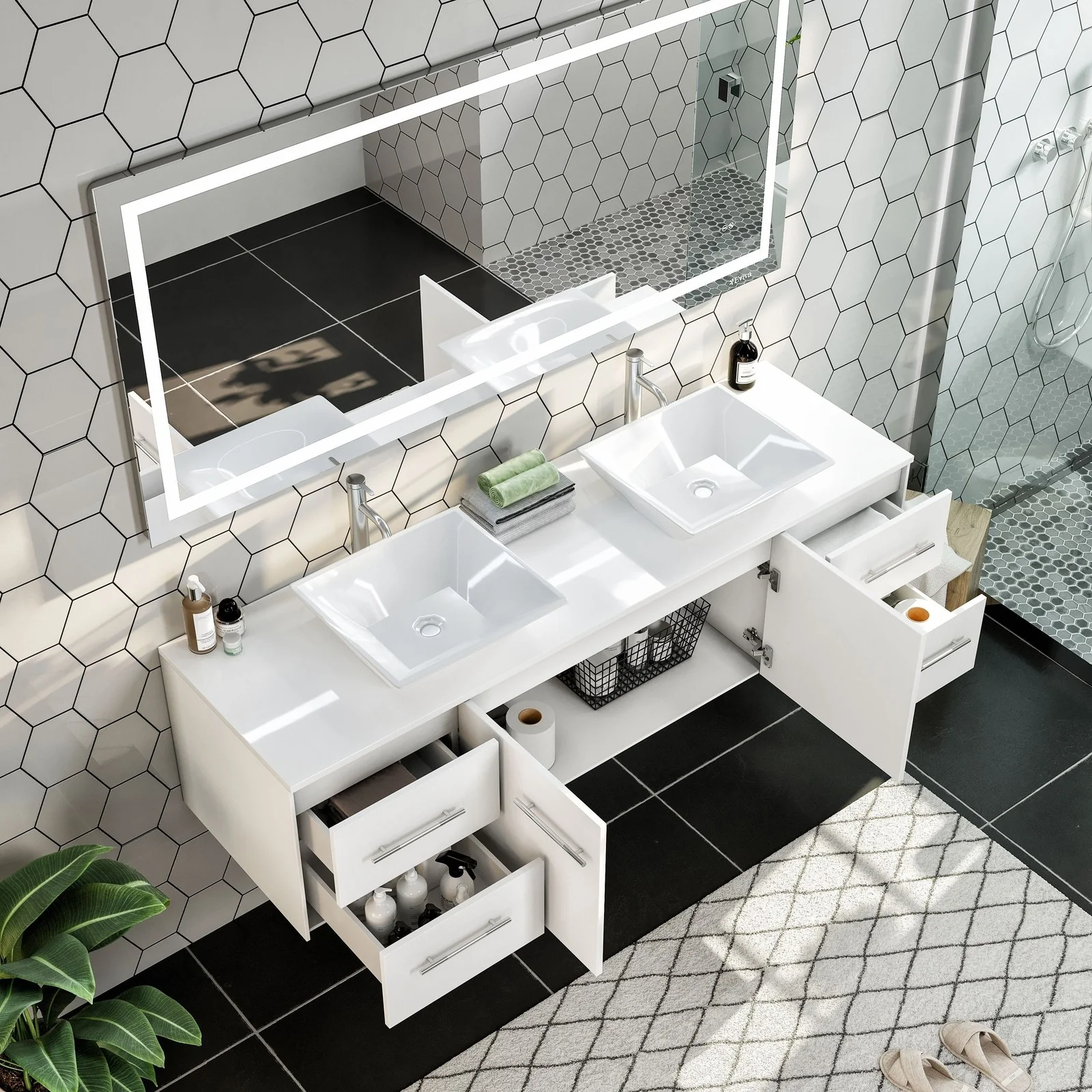Eviva Totti Wave 60" Modern Double Sink Bathroom Vanity with Super White Man-Made Stone Countertop & Porcelain Vessel Sinks - Image 24