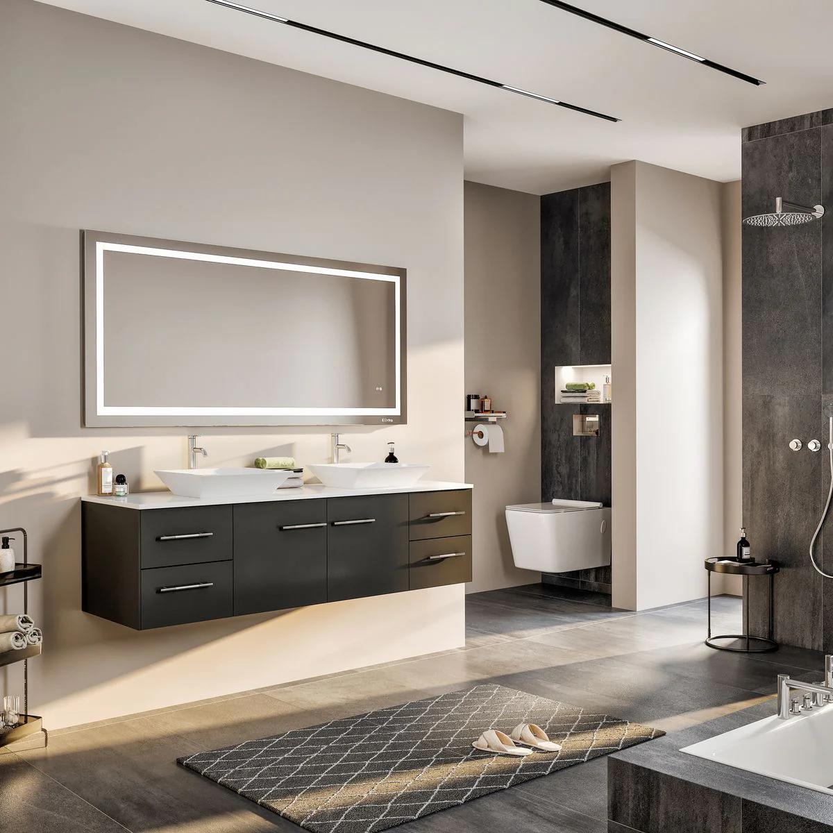 Eviva Totti Wave 60" Modern Double Sink Bathroom Vanity with Super White Man-Made Stone Countertop & Porcelain Vessel Sinks - Image 3