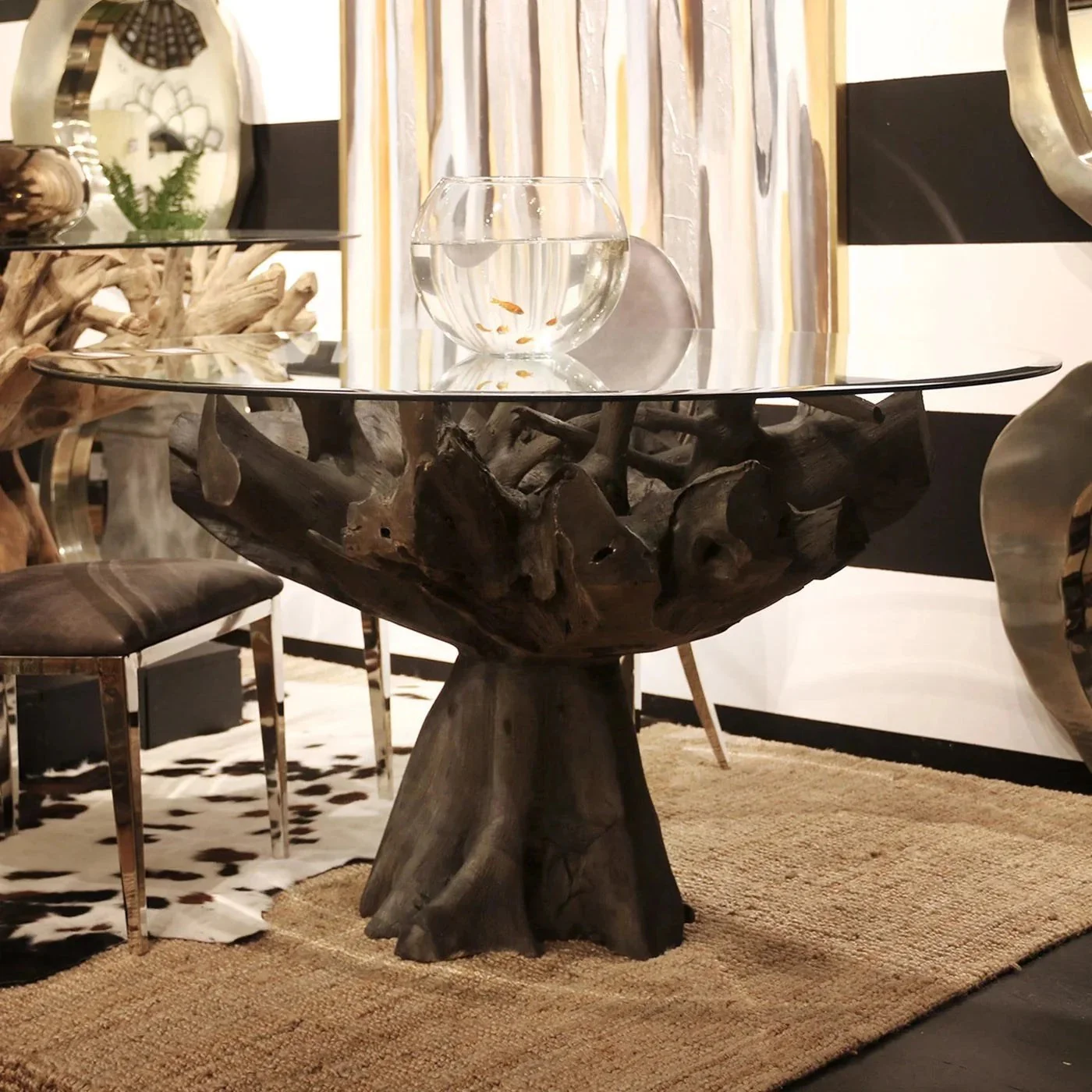 Harp & Finial JAKARTA SMALL DINING TABLE- GRAY | Gray Finish on Teak Wood Base with Round Beveled Edge Glass Top - Image 3