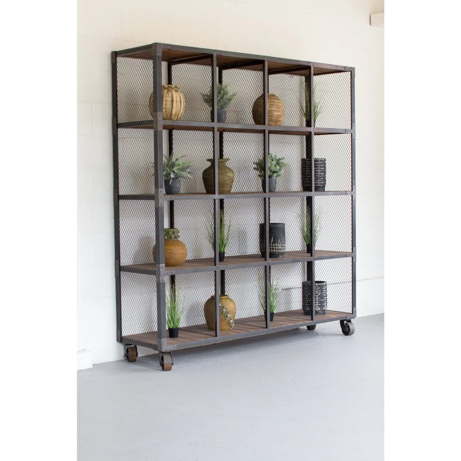 Kalalou Raw Metal Recycled Honey Wood 16 Cube Display Unit
