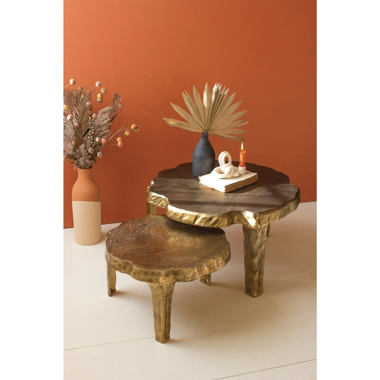 Kalalou Set Of 2 Aluminum Coffee Tables With Antique Brass Finish