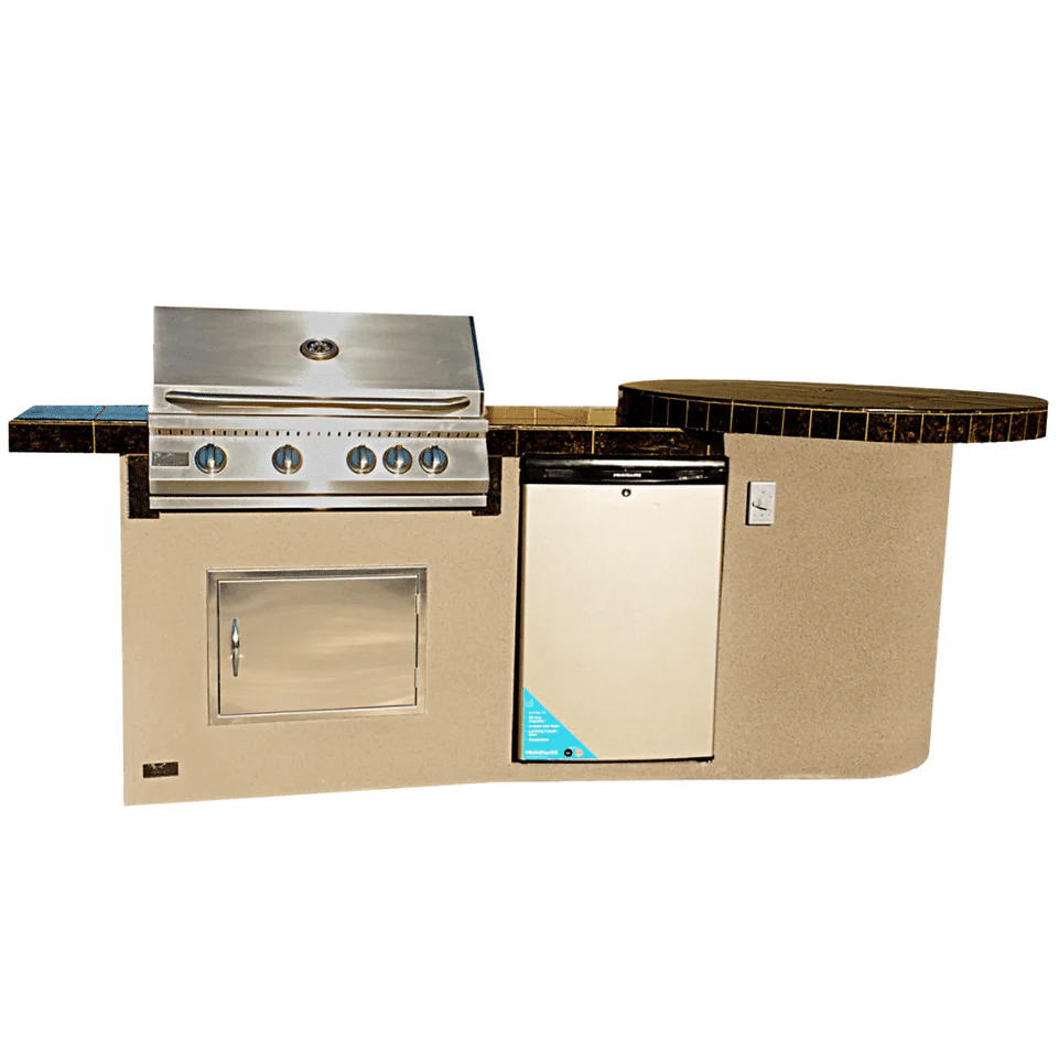 Kokomo Fire 9' BBQ Island with 4 foot Round Bar and 4 Burner Built In BBQ Grill