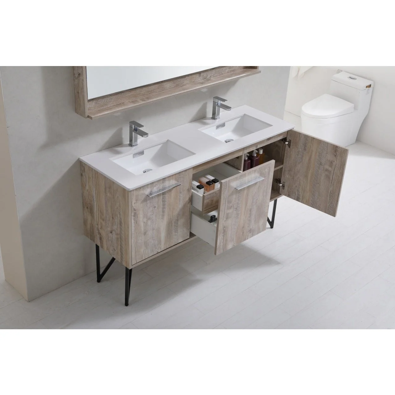 KubeBath Bosco 60" Double Sink Modern Bathroom Vanity with Quartz Countertop and Matching Mirror - Image 10