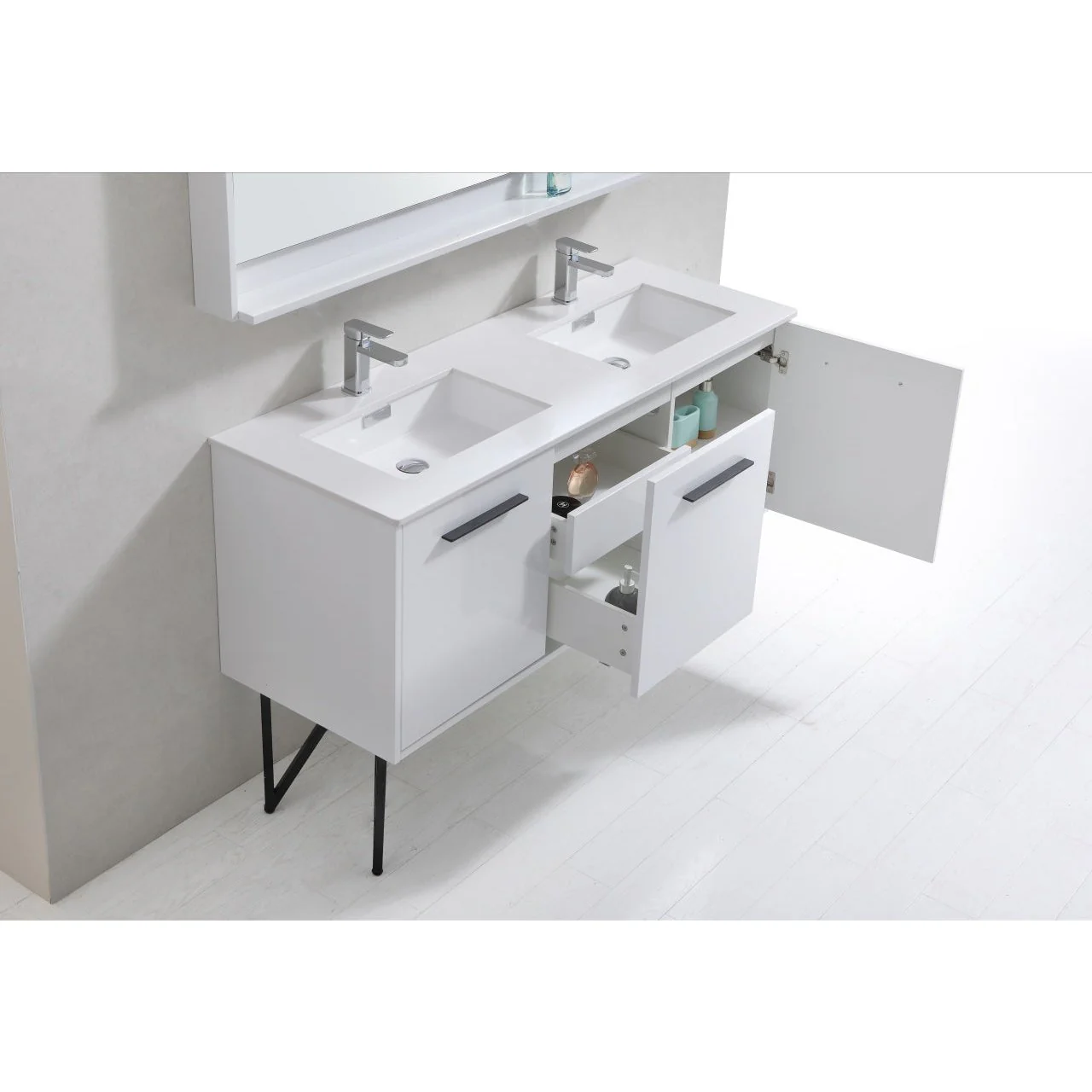 KubeBath Bosco 60" Double Sink Modern Bathroom Vanity with Quartz Countertop and Matching Mirror - Image 5