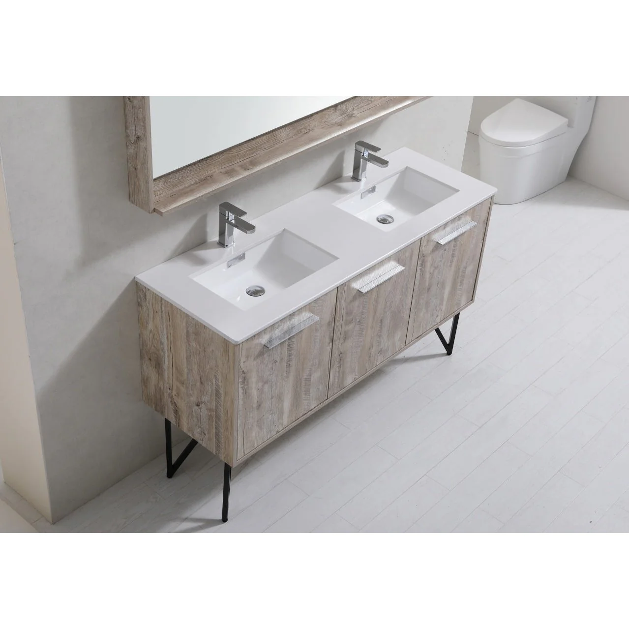 KubeBath Bosco 60" Double Sink Modern Bathroom Vanity with Quartz Countertop and Matching Mirror - Image 9