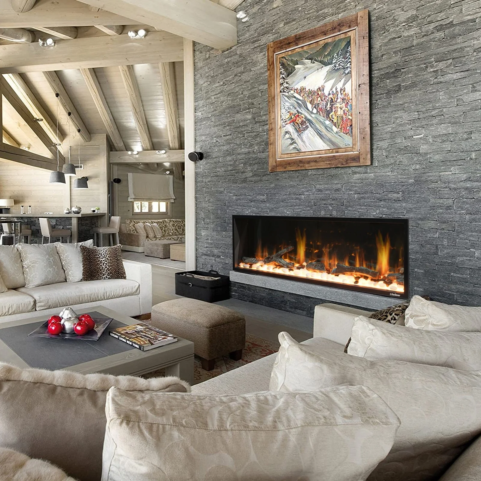 Litedeer Homes Latitude 65" Smart Electric Fireplace with App Driftwood Log & River Rock - Image 2