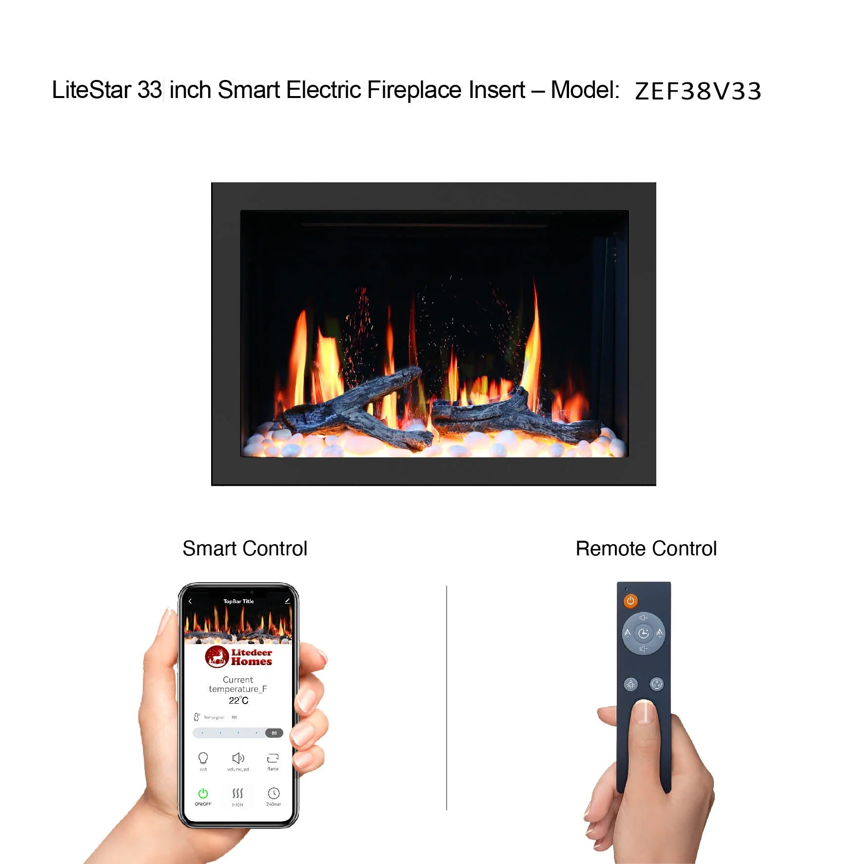 Litedeer Homes LiteStar 33" Smart Electric Fireplace Insert with App Driftwood Logs & River Rock (ZEF38VC-33) - Image 2