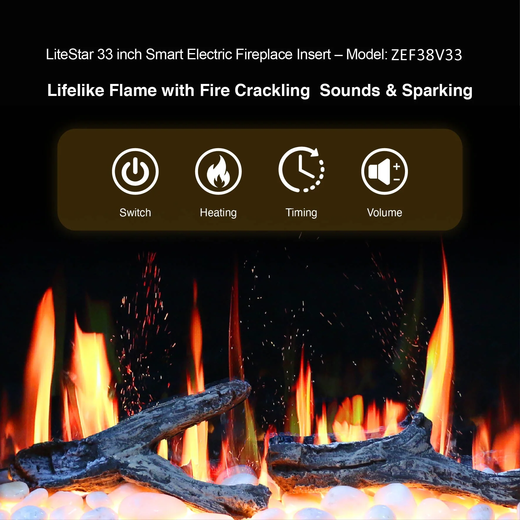 Litedeer Homes LiteStar 33" Smart Electric Fireplace Insert with App Driftwood Logs & River Rock (ZEF38VC-33) - Image 3