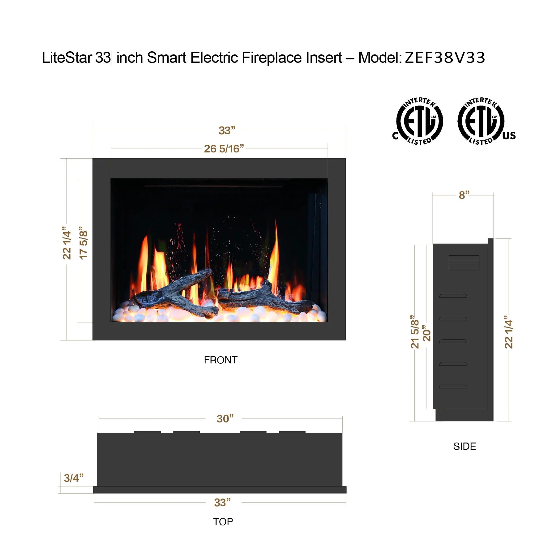 Litedeer Homes LiteStar 33" Smart Electric Fireplace Insert with App Driftwood Logs & River Rock (ZEF38VC-33) - Image 4