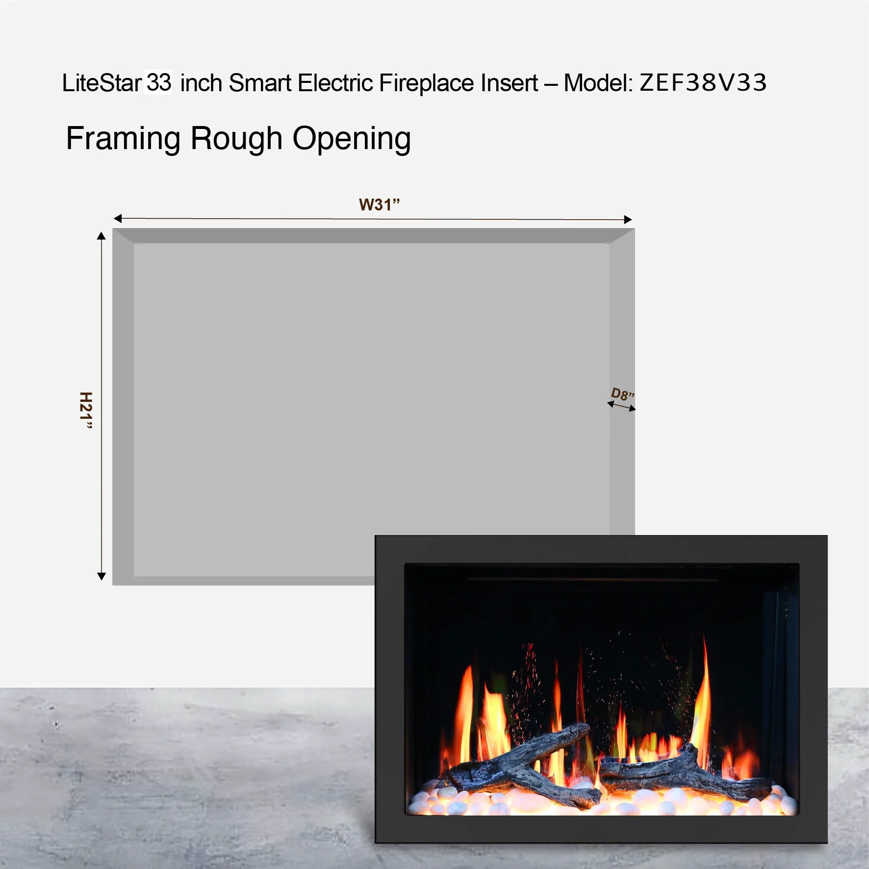 Litedeer Homes LiteStar 33" Smart Electric Fireplace Insert with App Driftwood Logs & River Rock (ZEF38VC-33) - Image 5