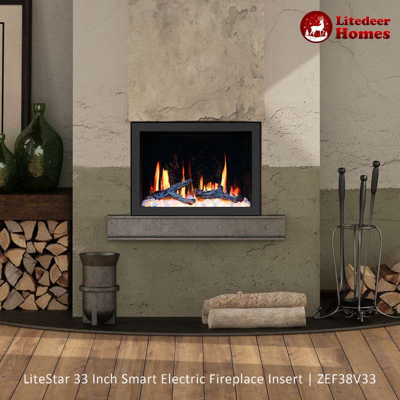 Litedeer Homes LiteStar 33" Smart Electric Fireplace Insert with App Driftwood Logs & River Rock (ZEF38VC-33) - Image 6