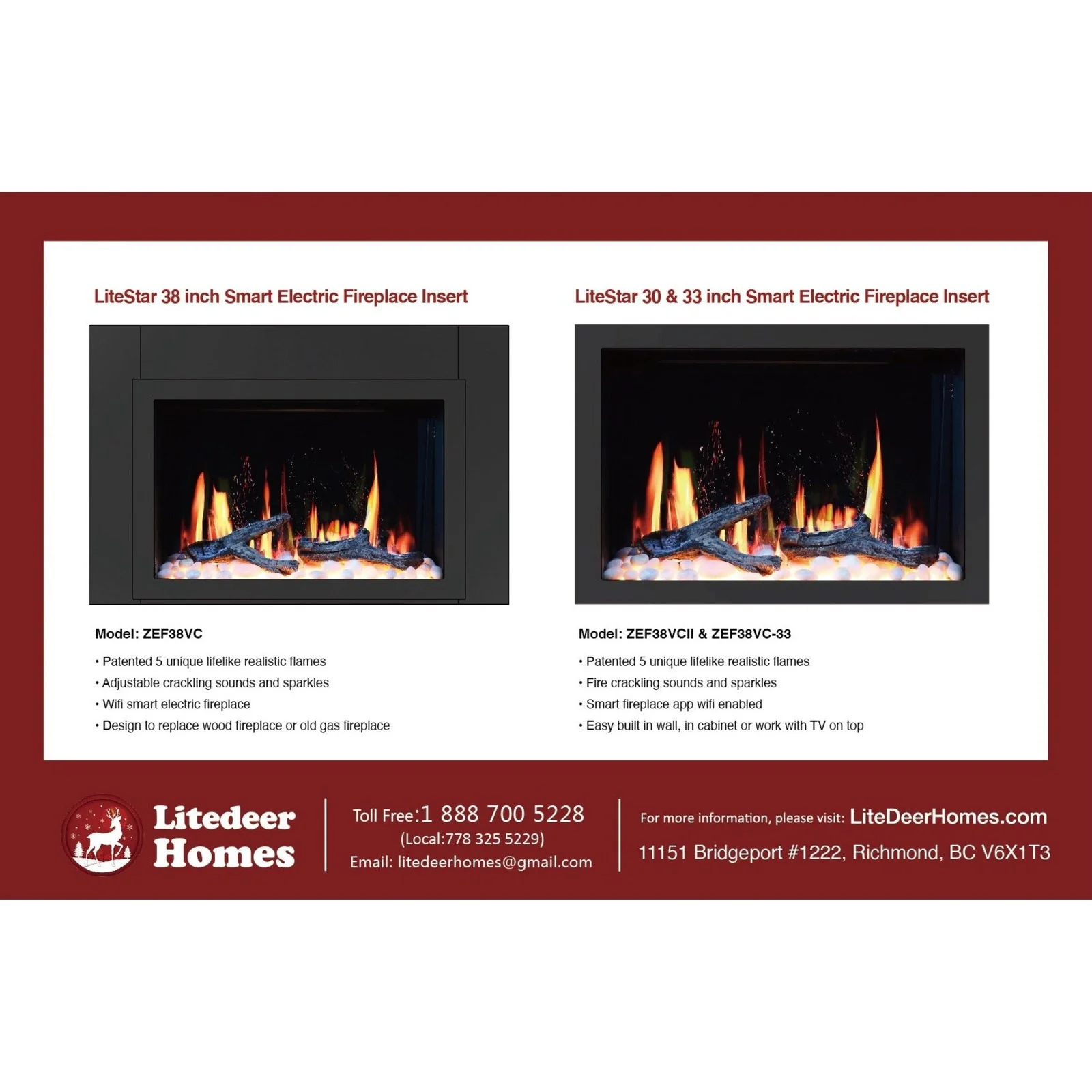 Litedeer Homes LiteStar 33" Smart Electric Fireplace Insert with App Driftwood Logs & River Rock (ZEF38VC-33) - Image 8