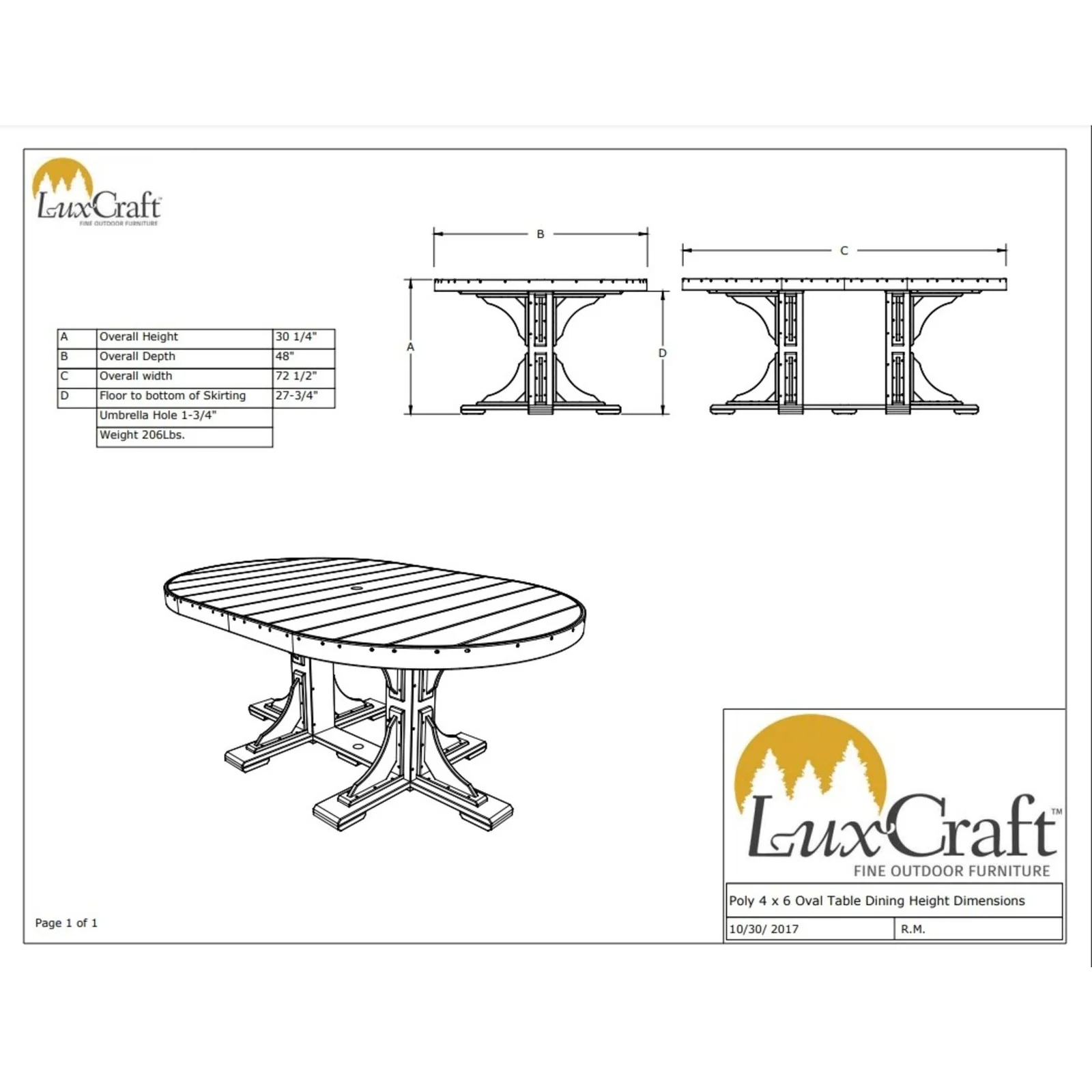 LuxCraft 4' x 6' Dining Height Poly Oval Table - Image 2