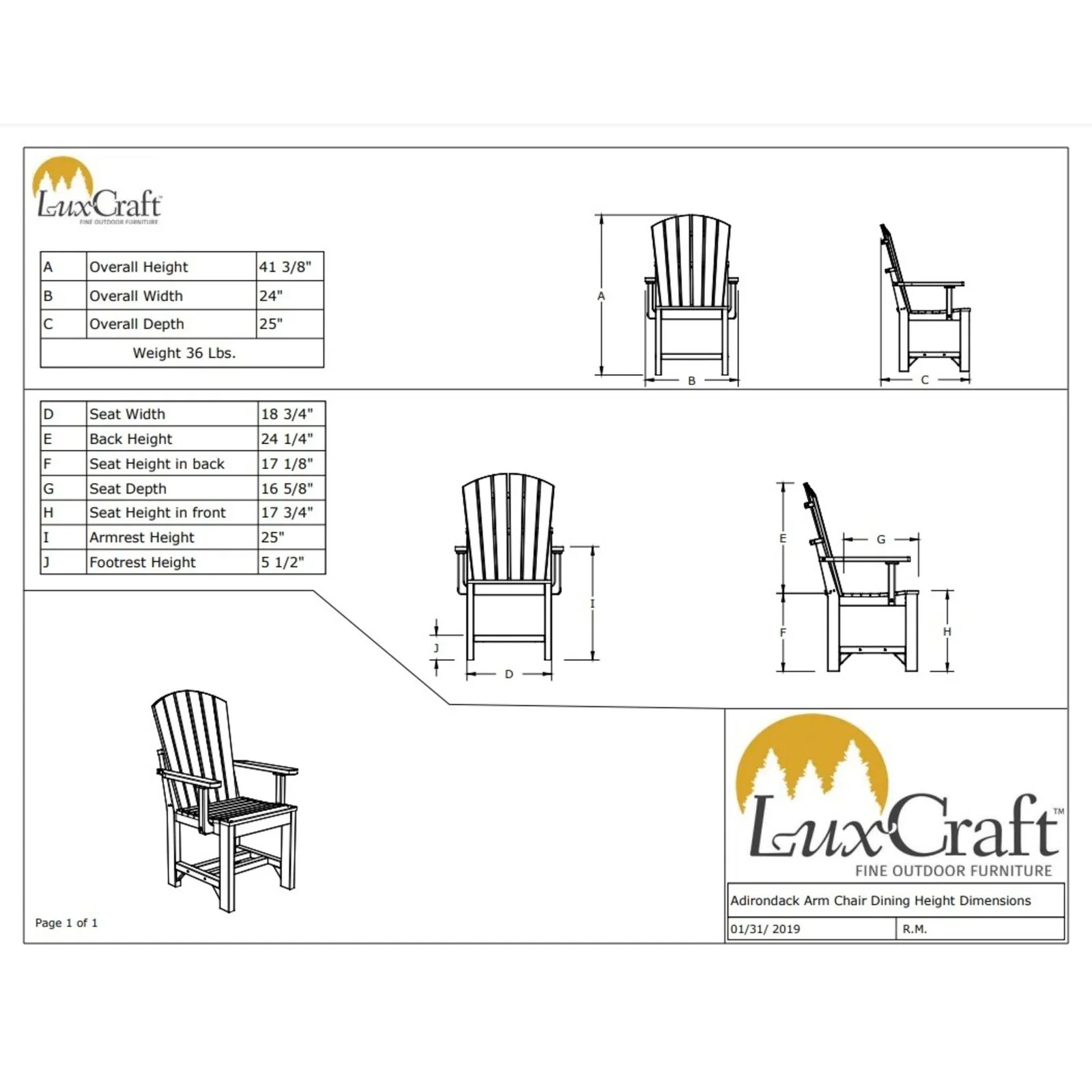 LuxCraft Adirondack Dining Height Poly Arm Chair - Image 2