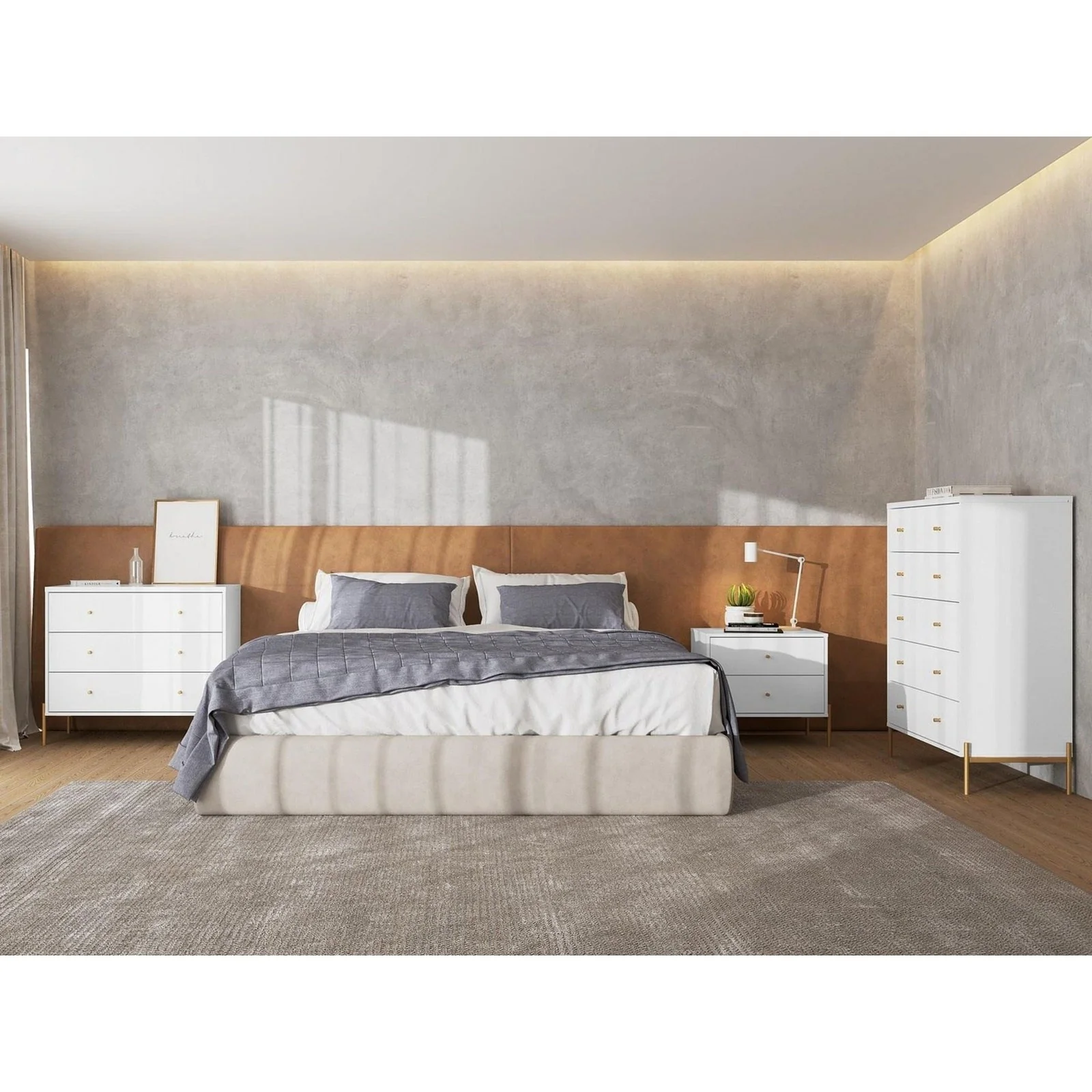 Manhattan Comfort Jasper Full Extension Tall Dresser, Classic Dresser and Nightstand Set of 3 in White Gloss
